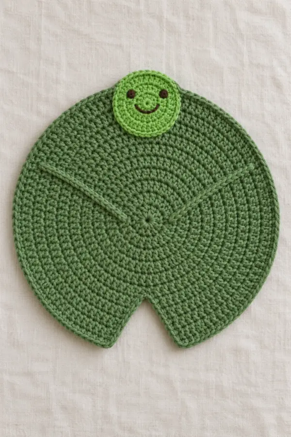 Original leaf-green round crochet lily-pad lovey spread flat, one unmistakable shallow V-shaped wedge notch at one edge, two stitched radial leaf ribs, one small flat bright-green embroidered frog face attached at the opposite edge. No limbs, stuffing or plastic eyes.