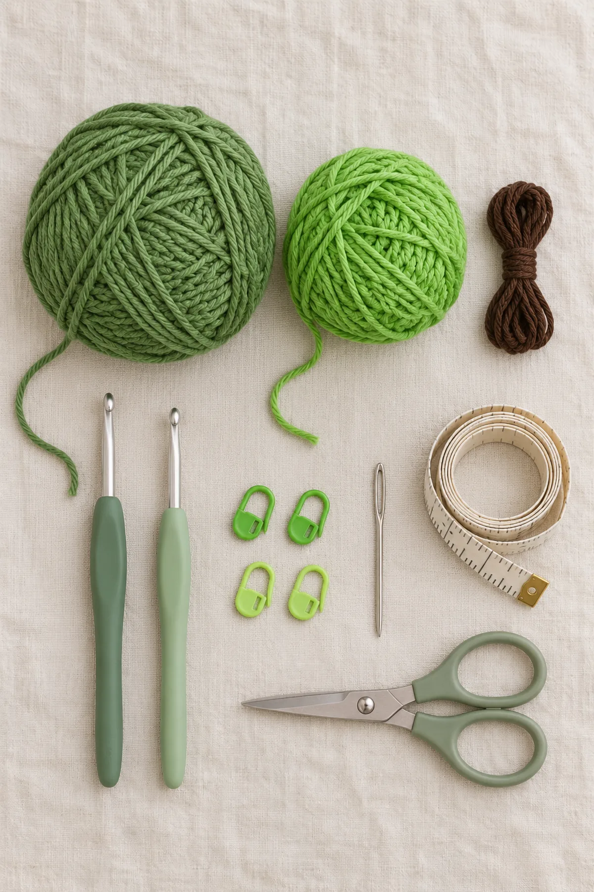 Leaf-green and bright-green DK cotton-blend yarn, short dark-brown embroidery yarn, 4 mm and 3.5 mm hooks, markers, blunt needle, measuring tape and scissors on cream linen; no finished pad.
