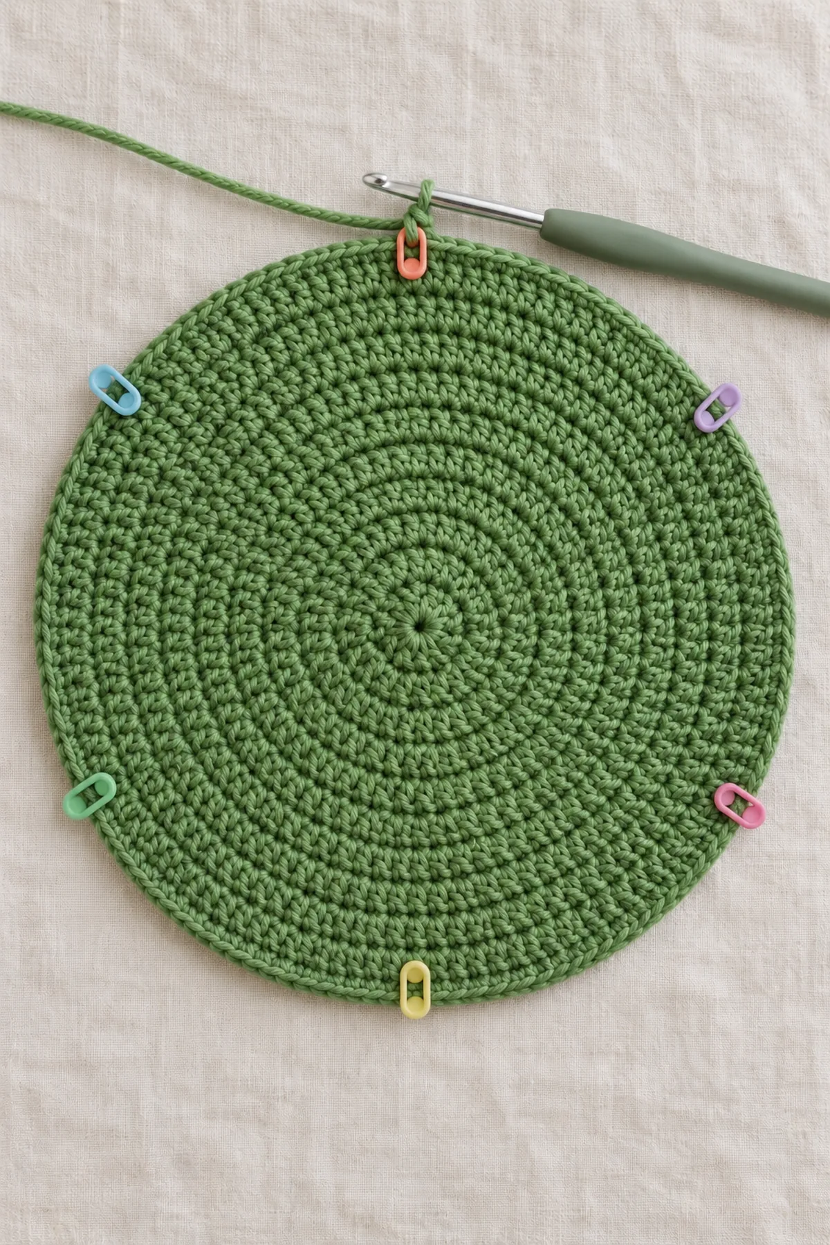 Flat leaf-green crochet circle after twelve full increase rounds, six radial markers and working hook visible, no notch, face or surface ribs yet.