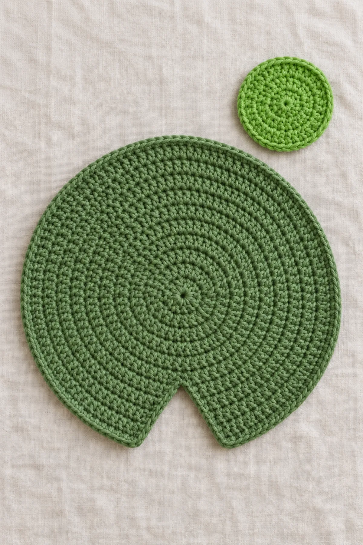 Leaf-green crochet circle with six turned outer rows forming a shallow V-shaped edge notch, separate flat bright-green frog face disc beside it before sewing, no eyes or ribs yet.
