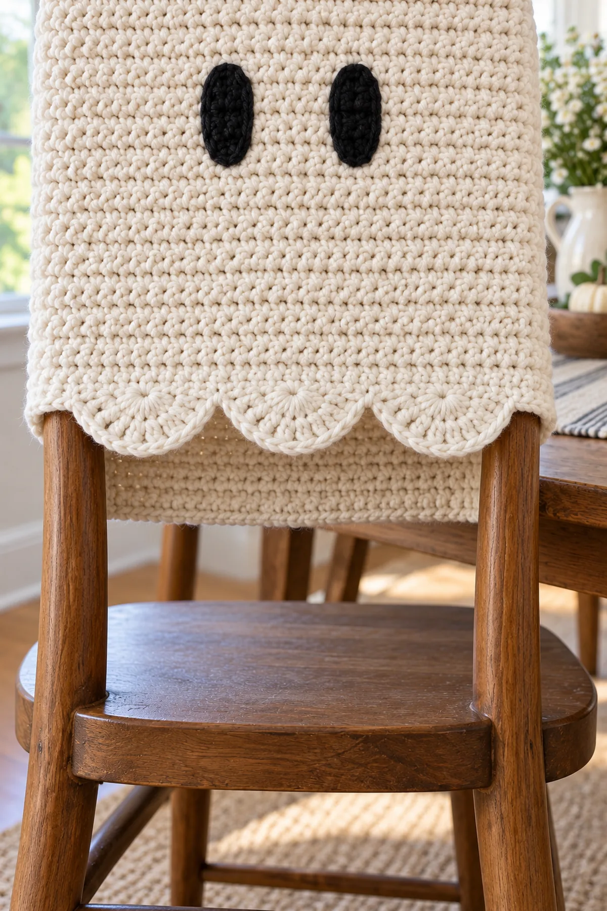 Close view of same ghost chair sleeve lower front: exactly three shallow seven-double-crochet fan scallops centered on cream single-crochet foundation, back lower edge straight and opening visibly hollow around wood chair back, no closed bottom.