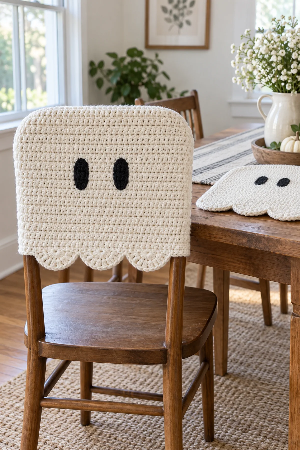 Cream worsted single-crochet ghost chair-back sleeve on a wooden adult dining chair. Two flat matching rectangular panels with softly rounded upper corners, straight fully open bottom, exactly three small centered cream fan scallops on front lower edge, two black embroidered vertical oval eyes, no mouth, no arms, no cords. Cover stops well above seat. Bright neutral dining nook.