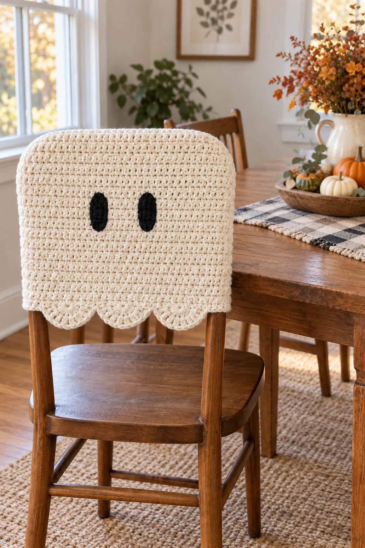 Finished cream ghost chair-back cover with two black oval embroidered eyes and three shallow front scallops, softly rounded top and bottom above the seat, on one wood dining chair at a calm autumn dining table, daylight, no people or flames.