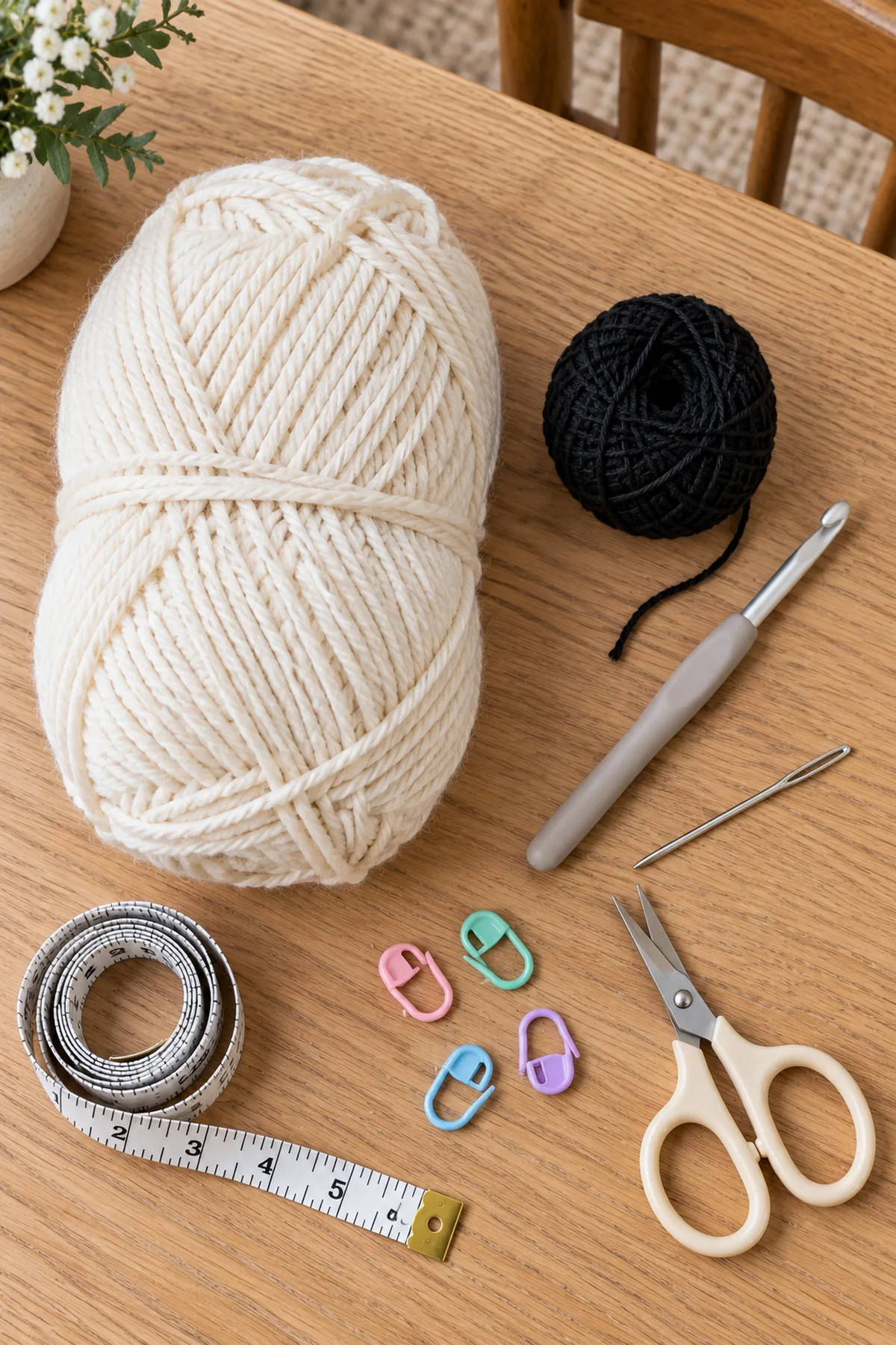 Cream worsted yarn and a small black embroidery yarn ball, 5 mm hook, blunt needle, measuring tape, markers and scissors on light oak table; edge of bare wood dining chair behind.