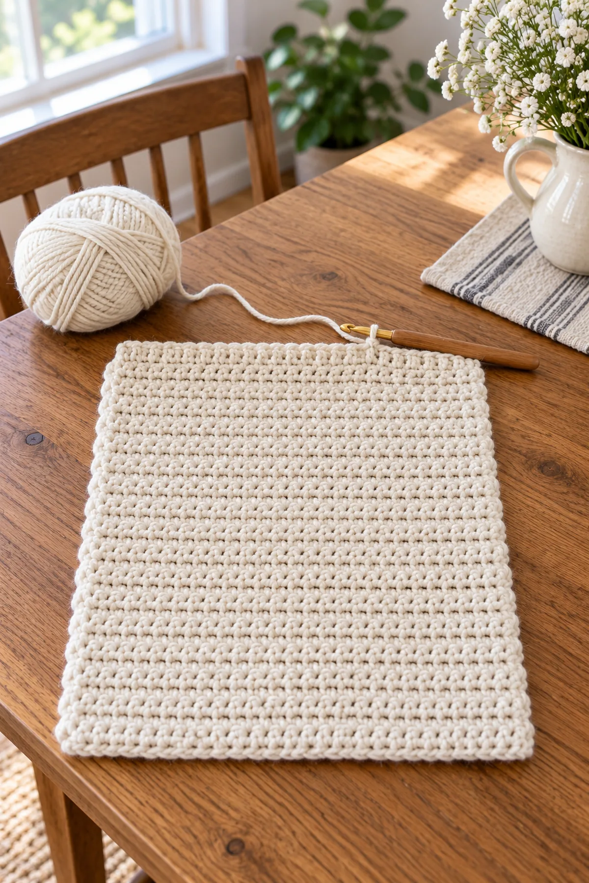 One unfinished broad cream single-crochet rectangular panel lying on oak table, live hook and yarn at straight upper edge, no eyes or scallops and no rounded top yet.