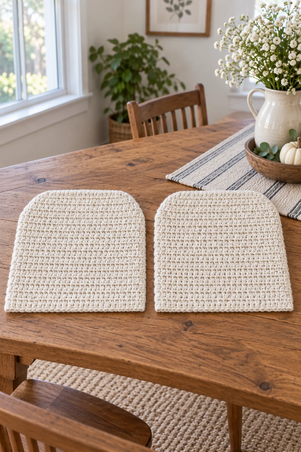 Two separate matching cream single-crochet chair-cover panels flat on oak table, subtly narrowed rounded top corners after four short edge-decrease rows, wide straight lower foundation edges, no eyes, no seams, no scallops; both pieces fully visible.
