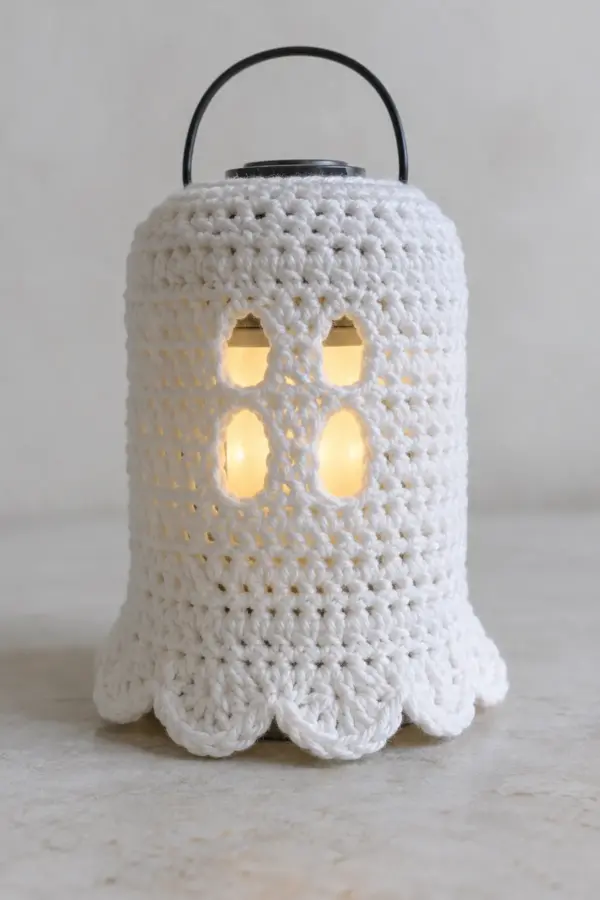 Original white cotton crochet ghost sleeve fitted around a small enclosed cool LED lantern, simple cylindrical shape, two pairs of openwork eye gaps aligned vertically and eight soft scallops at bottom, unlit neutral backdrop, no mouth or glued parts