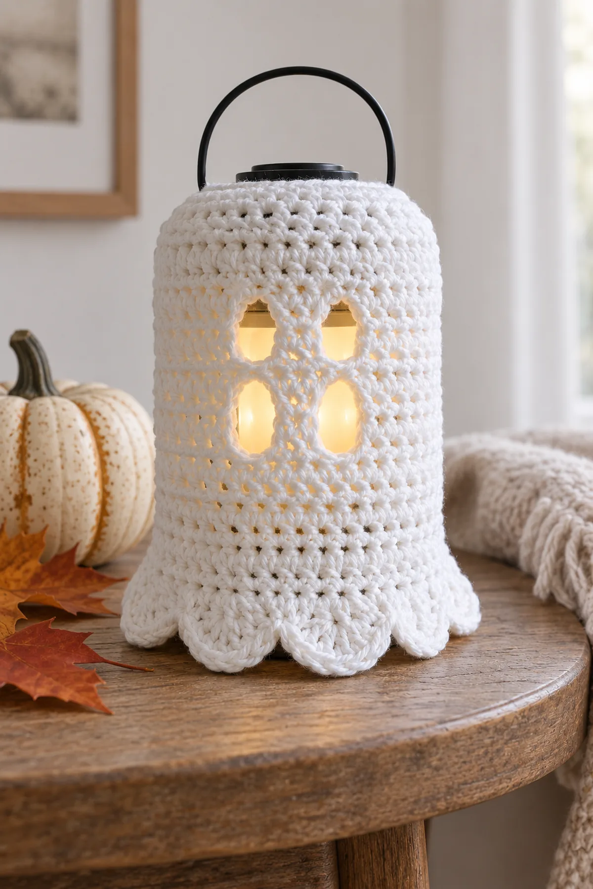 Finished white scalloped crochet ghost sleeve resting over a cool enclosed battery LED lantern on an autumn side table in daylight, no candles or flame
