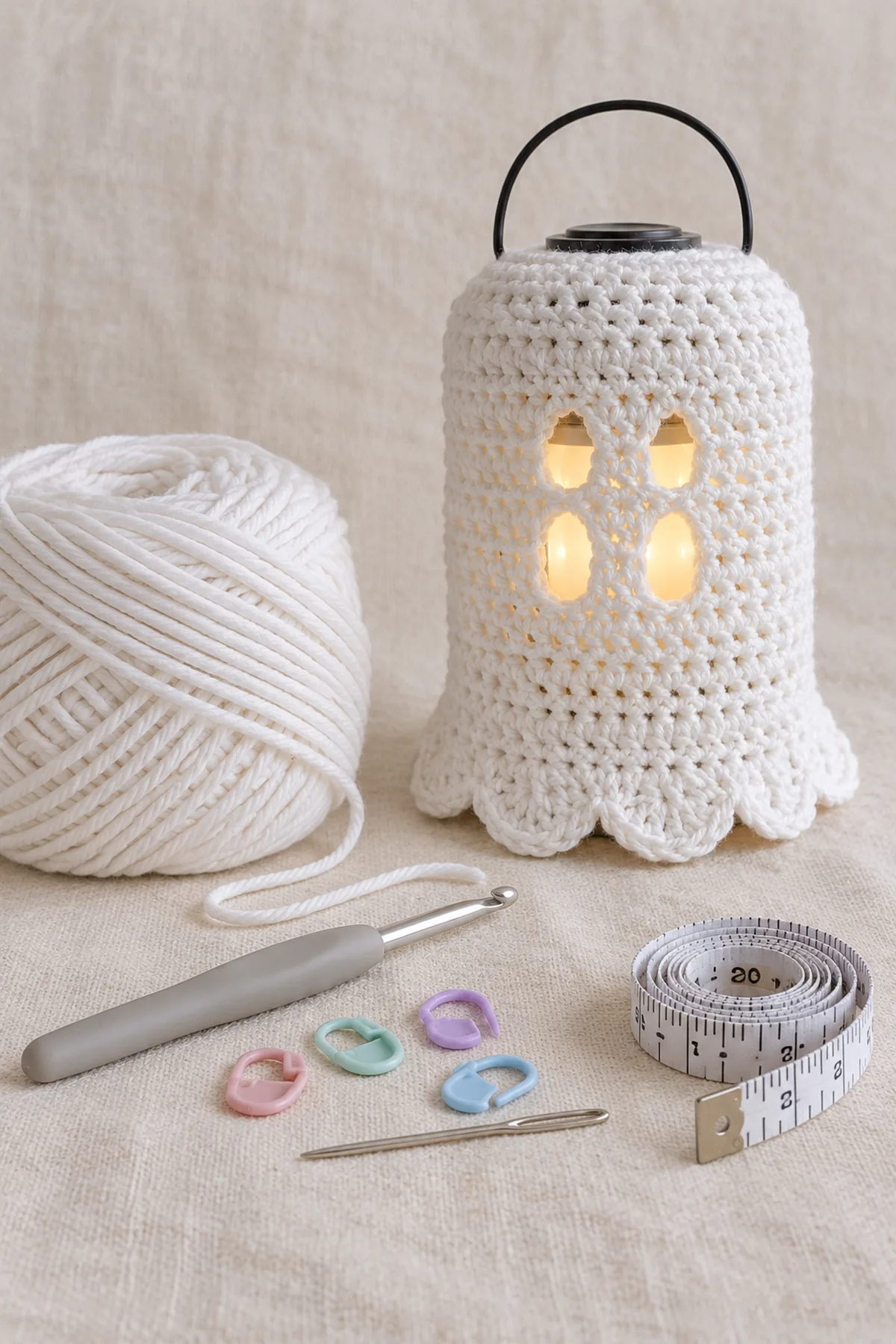 White worsted cotton yarn, 4 mm hook, markers, tapestry needle, tape measure and enclosed battery LED lantern with no flame on cream linen