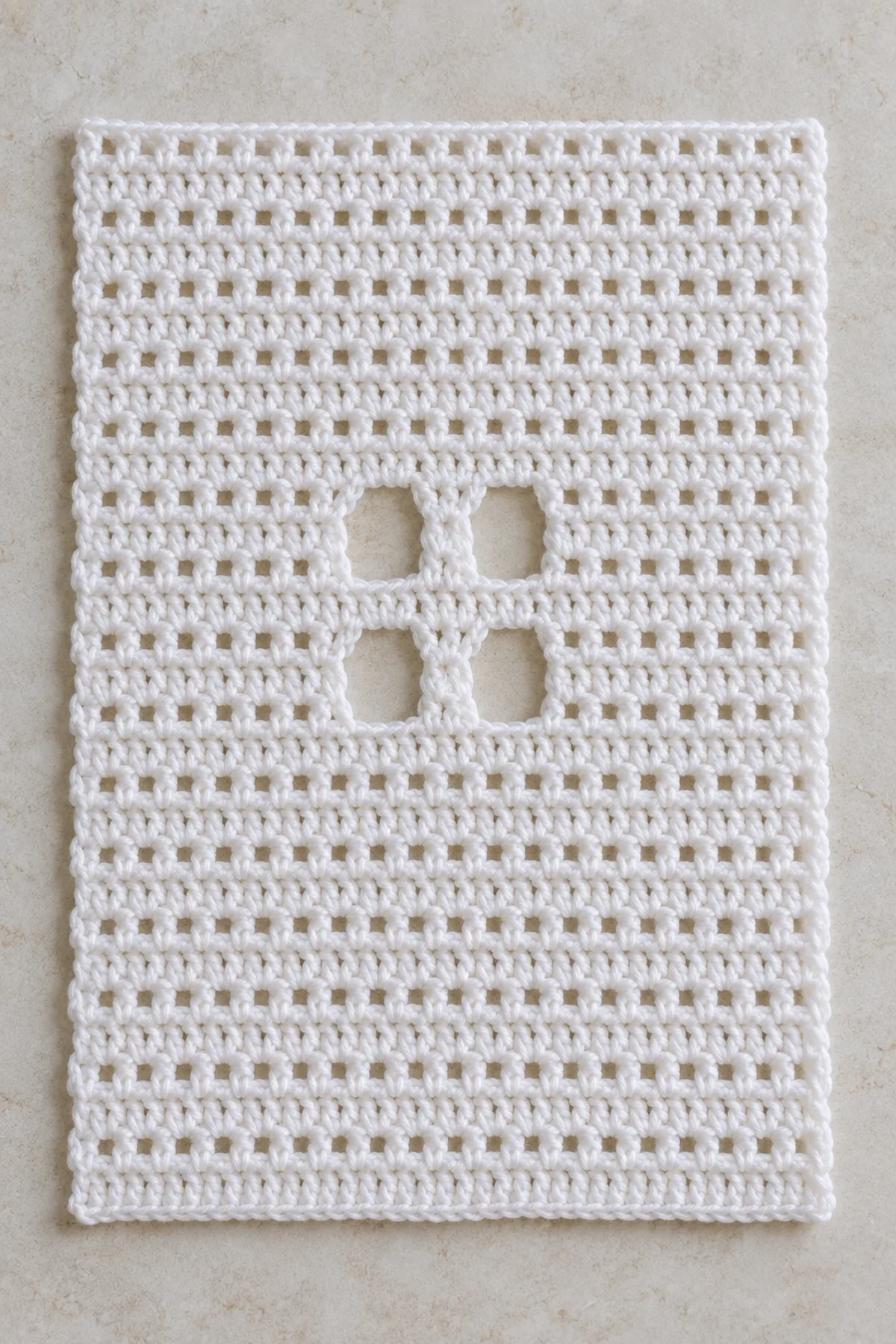 Flat white 48-position filet crochet panel before seaming, 26 horizontal rows and exactly two vertically stacked pairs of openwork eye bridges, no other decoration