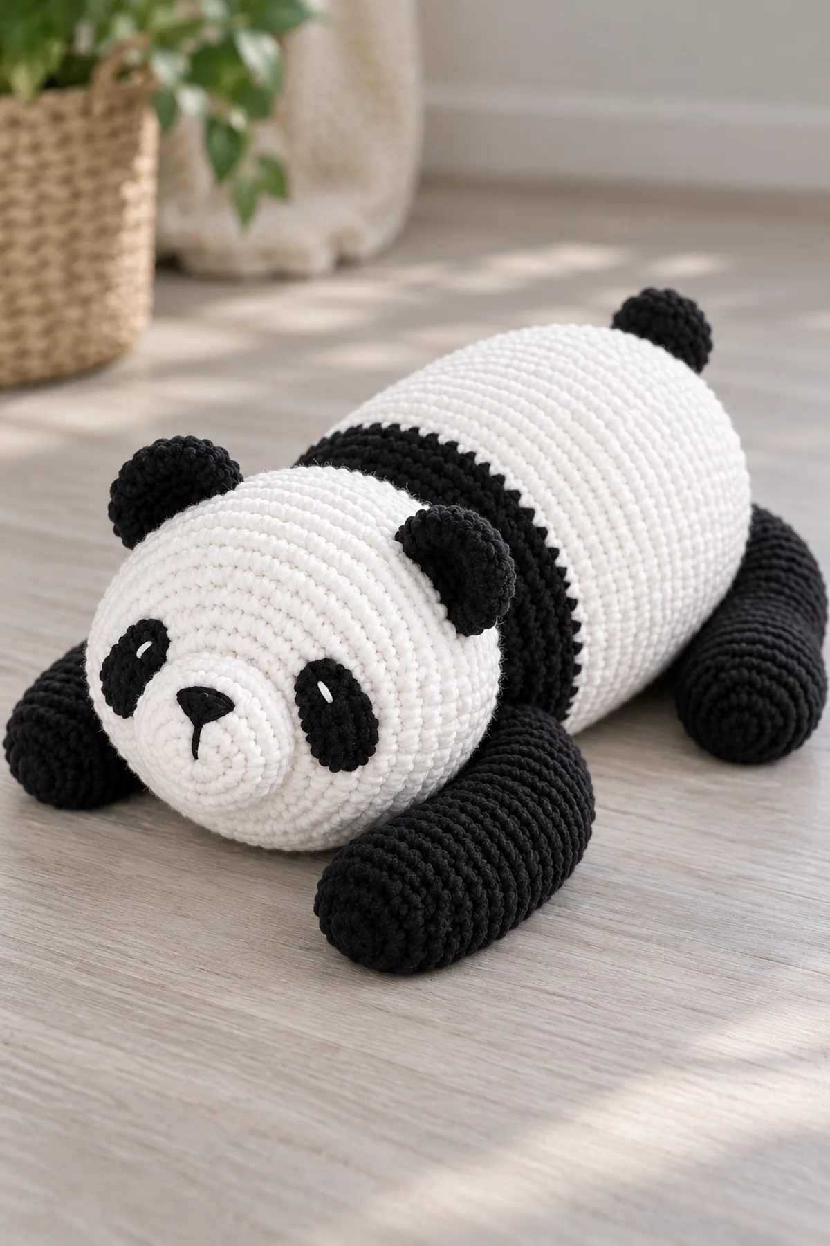 Close-up same reclining giant black-and-white panda face: small rounded black ears, black oval flat eye patches with tiny white embroidered highlights, protruding white muzzle and embroidered black triangular nose; no plastic eyes.