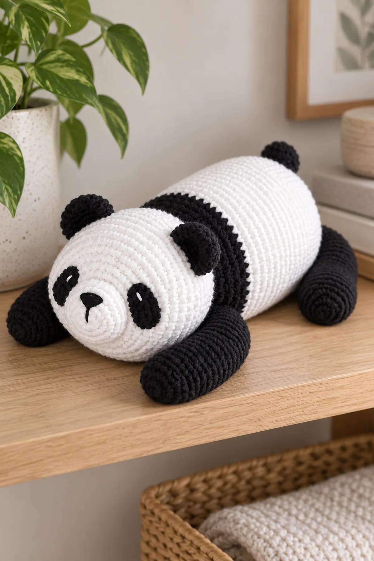 Large reclining black-and-white panda cub with a long horizontal white barrel, broad black shoulder band, large round white head, small black ears, oval black eye patches, white protruding muzzle, four elongated black paws and tiny black rear tail. Rounded embroidered nose, no hard eyes; reproduce the resting posture and proportions from the reference, not the existing seated red panda or lovey. Same finished design on a quiet home craft shelf, soft daylight, minimal props, no children or infant sleep setting. No text or watermark.