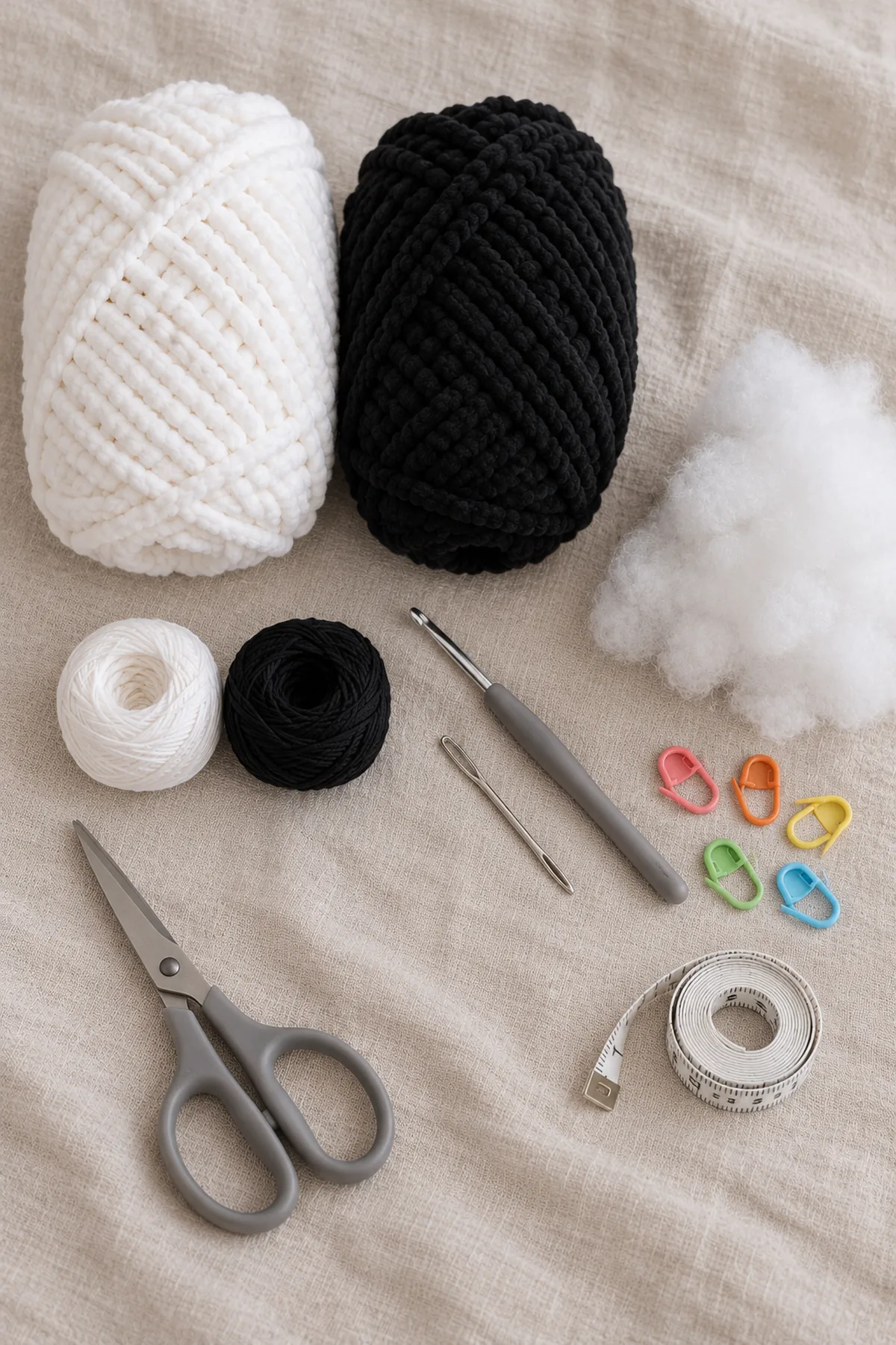 Supplies-only flat lay: Planning allowance: 450 yards white bulky plush yarn, 220 yards black of the same yarn, plus swatch allowance; 5 mm hook, black and white smooth embroidery/seam yarn, washable fiberfill; no pellets or internal wire; Blunt yarn needle, large removable markers, scissors, tape measure; use temporary clips instead of hidden pins when possible. No completed project; tools and yarn arranged on pale linen.