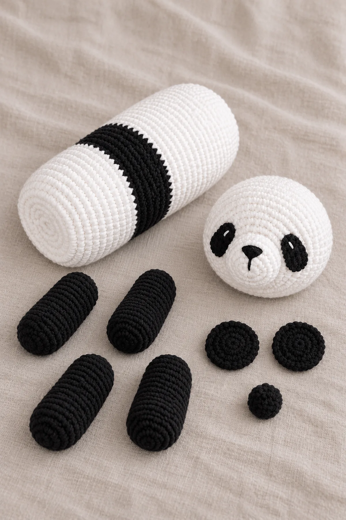 Long white panda body with black shoulder band beside detached round white head with black oval patches and muzzle, four separate black sausage paws, two flat round black ears and tiny black tail; assembly layout no extra pieces.