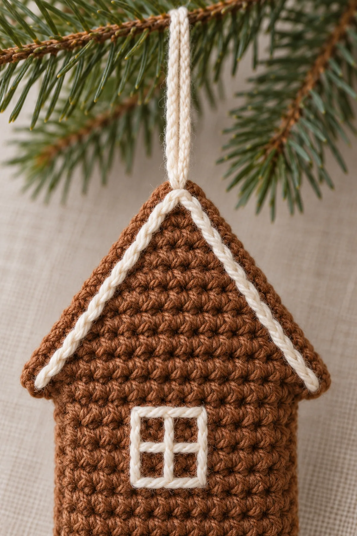 Close view of finished cinnamon crochet house ornament roof: cream surface-slip-stitch icing follows both roof slopes, short cream hanging loop securely attached at apex area; one embroidered gridded window visible, no beads and no chimney.