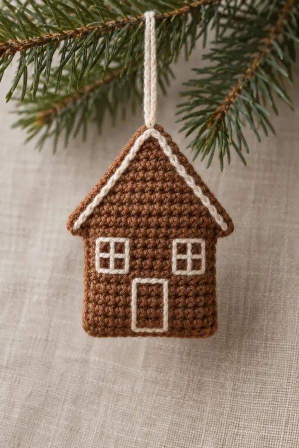 Single small cinnamon crochet gingerbread house ornament, flat lightly padded house silhouette with a triangular roof, cream surface-crochet line only along two roof slopes, two small cream embroidered four-pane square windows and one cream outlined rectangular door. Short cream hanging loop, no beads candy buttons chimney or snow, natural evergreen sprig and linen background.