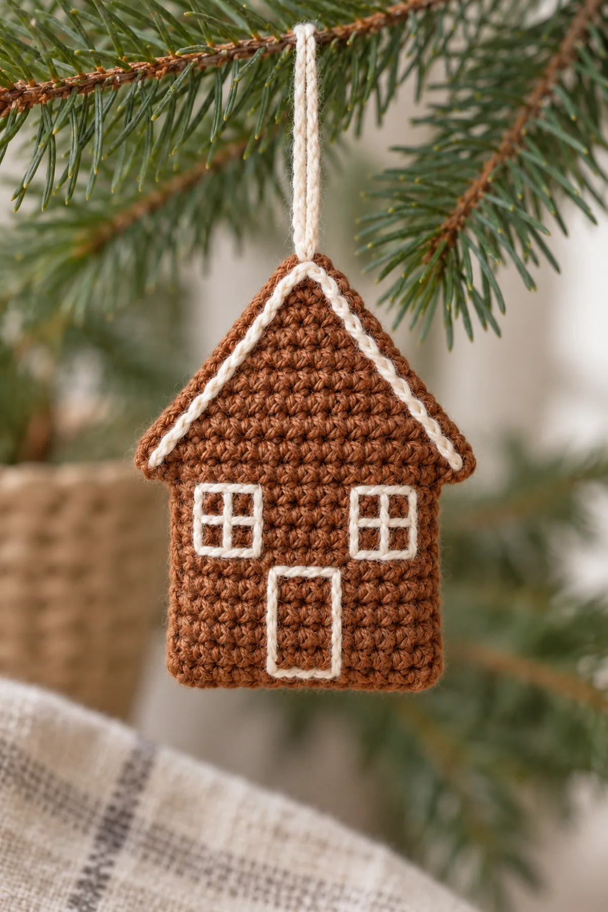 One completed small cinnamon crochet gingerbread house ornament hanging by a short cream loop from a sturdy evergreen branch, flat slim silhouette, cream roof outline, two four-pane embroidered windows and outlined door, gentle daylight, no people candles or text.