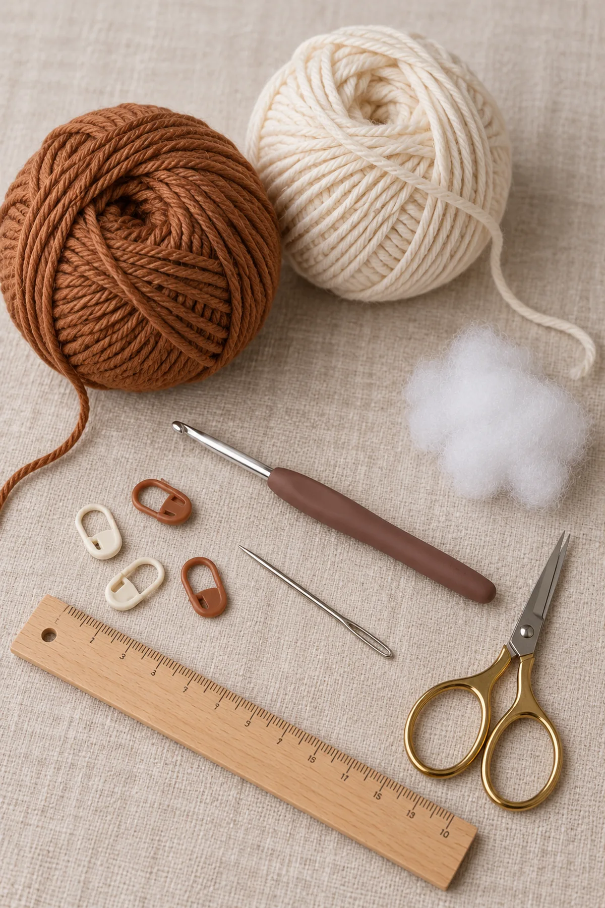 Cinnamon and cream DK cotton yarn, 3.5 mm hook, yarn needle, markers, scissors, ruler and a very small tuft of clean polyester stuffing on pale linen, no finished ornament.