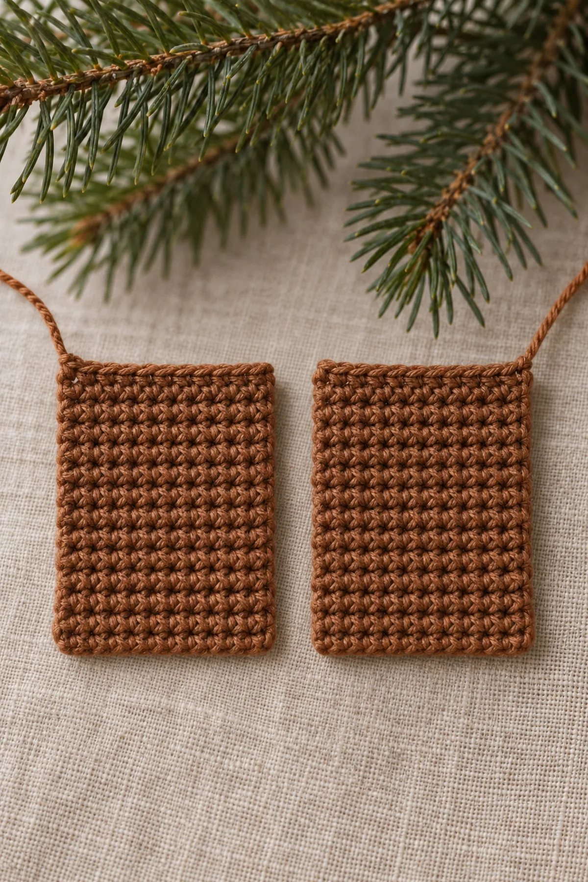 Two cinnamon single-crochet rectangular house wall panels of equal size lying separately on linen, straight upper edges and working yarn, roof shaping not started, no embroidery and no stuffing.
