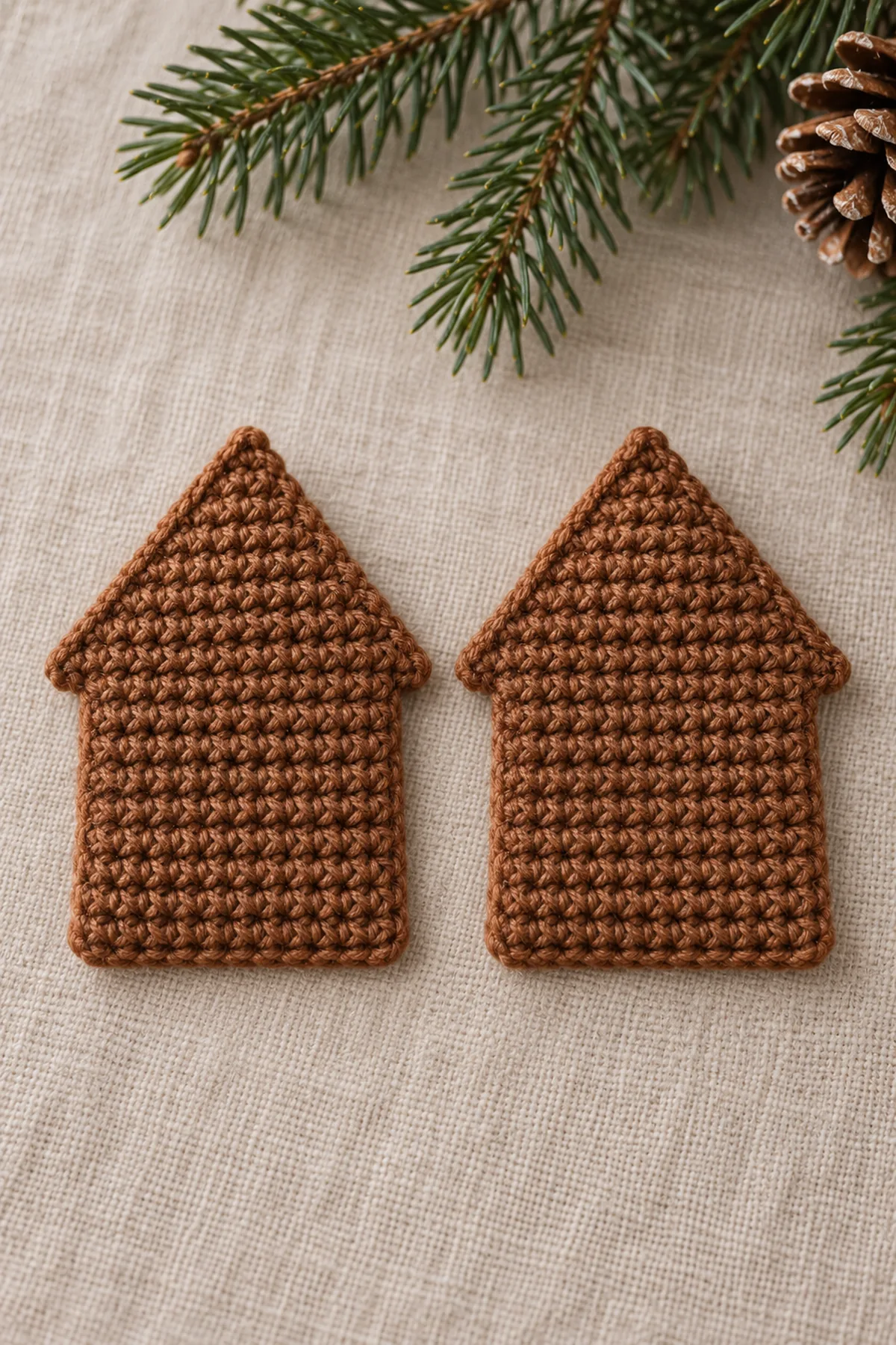 Two separate flat cinnamon crochet house silhouettes with matched triangular roofs and narrow tips, on linen before sewing, no icing embroidery hanging loop or stuffing yet.