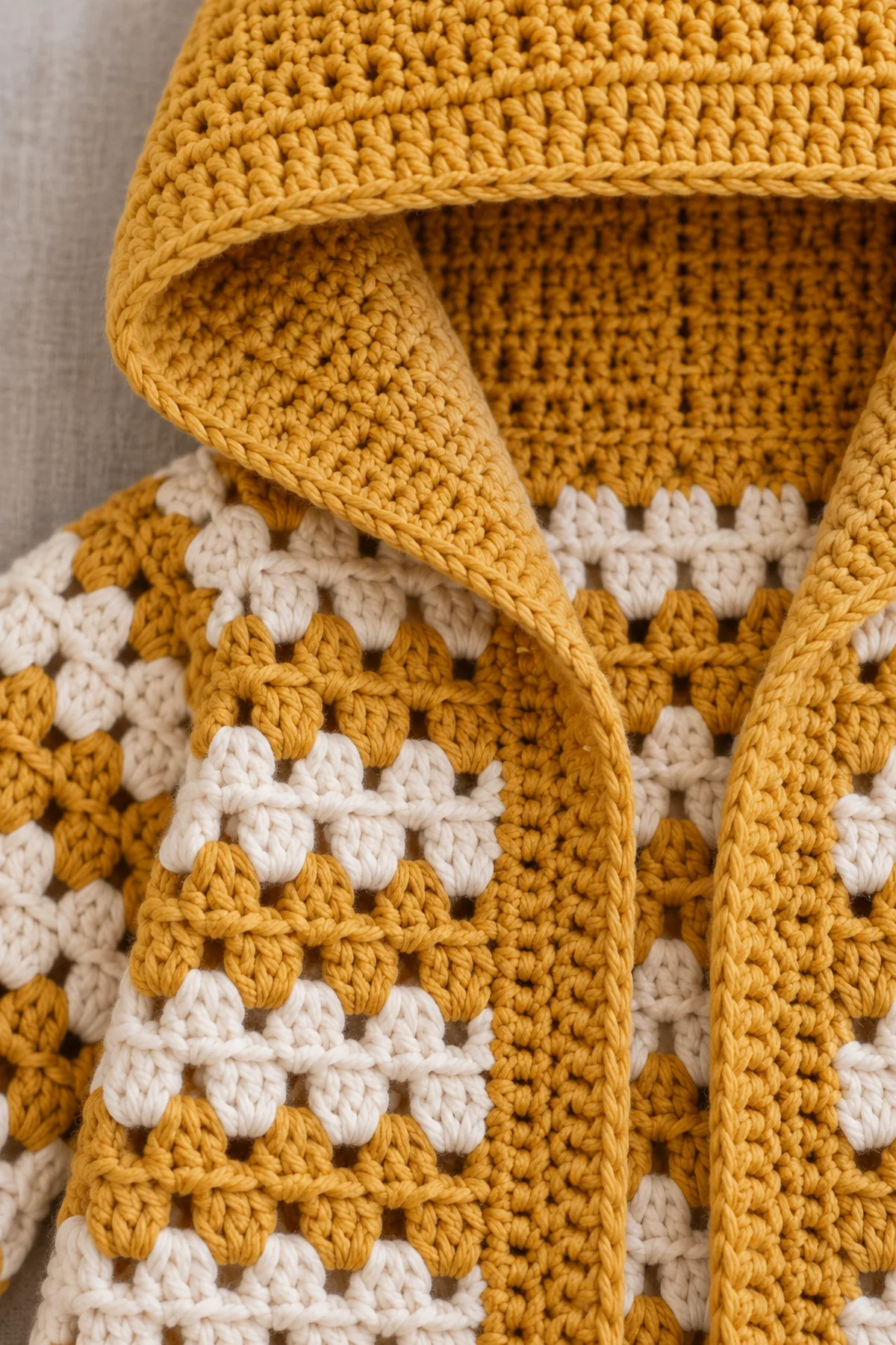 Close-up of consistent three-double-crochet cluster fabric beside a tightly sewn shaped plain mustard hood neckline seam, no cords buttons or square motifs.