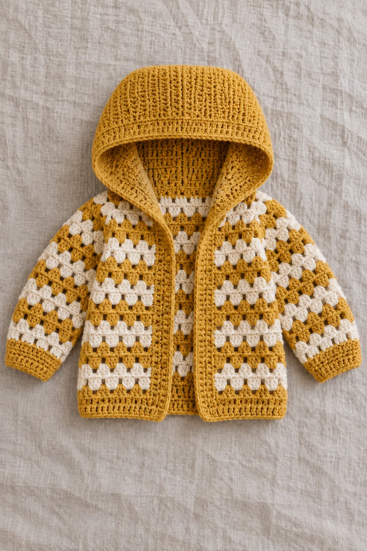 Original open mustard and cream granny-cluster stripe baby cardigan with a shaped plain mustard hood, two long cluster sleeves and straight hem; three-dc groups are continuous rows, not square motifs, no buttons or drawstrings, full garment flat on linen.