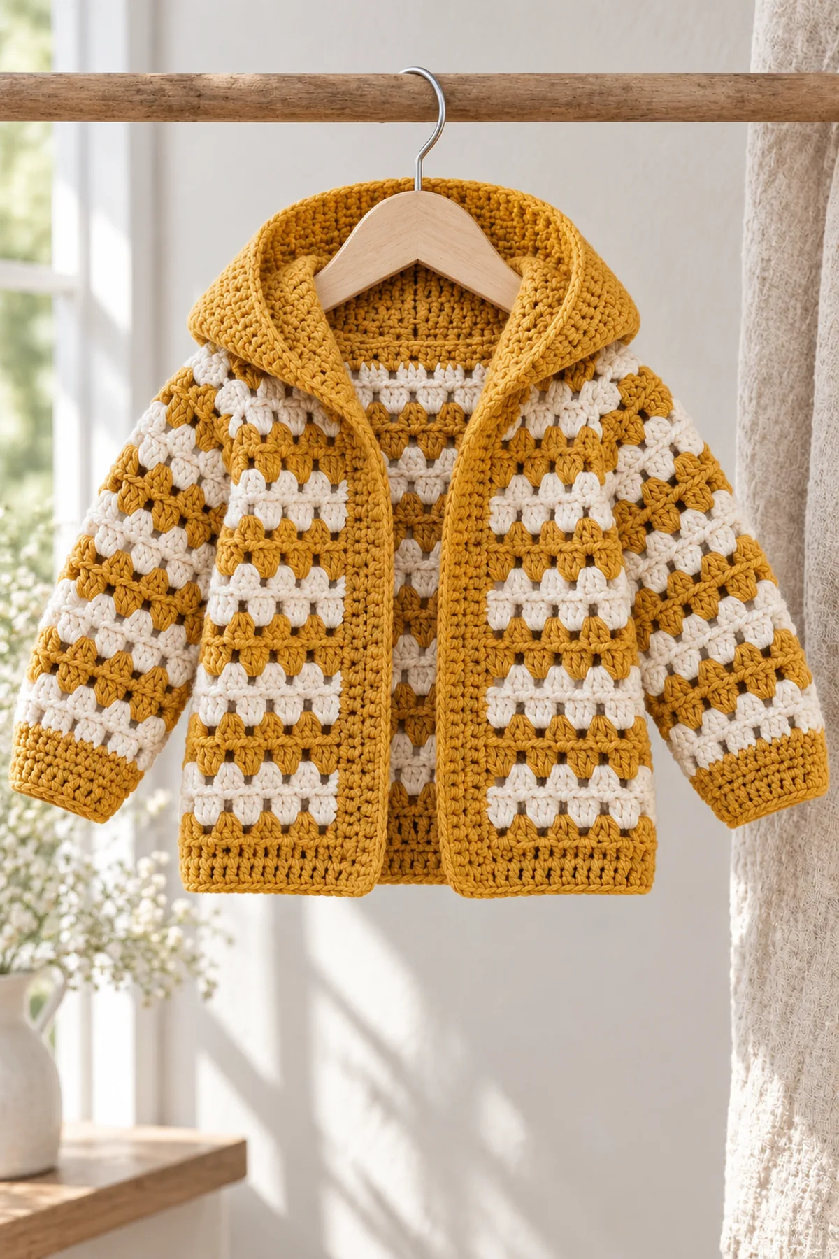 Finished open mustard and cream striped granny-cluster baby cardigan with shaped plain mustard hood displayed on a child-size hanger in daylight, no child, drawstrings buttons or pompom.
