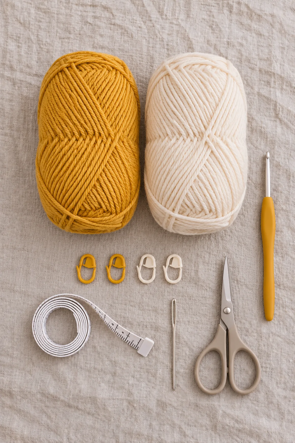 Mustard and cream smooth DK yarn,4 mm hook, markers, tape measure, yarn needle and scissors on neutral linen, no completed garment.