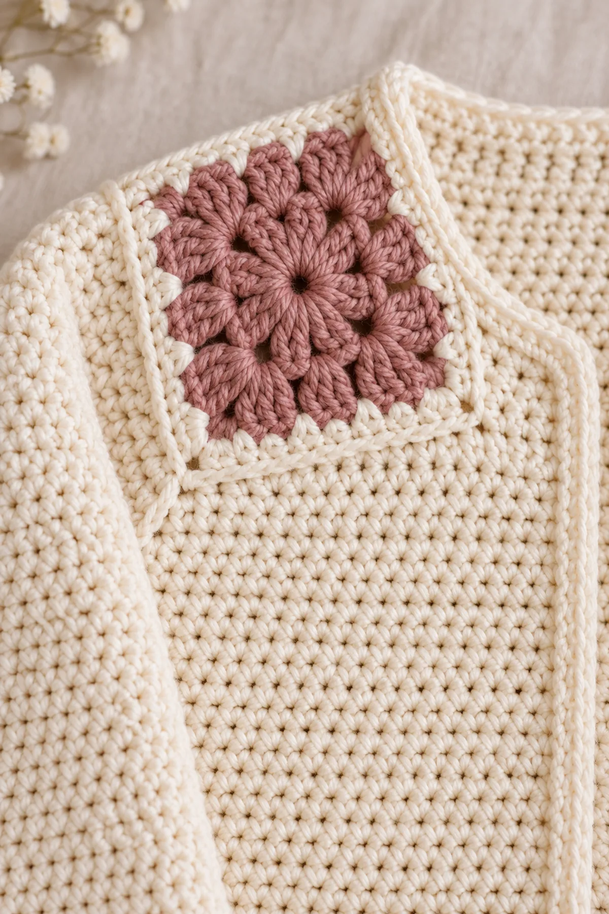 Macro of a fully joined rose solid-granny shoulder tile edged in cream and its counted cream single-crochet body pickup, secure corner seam and no dangling applique