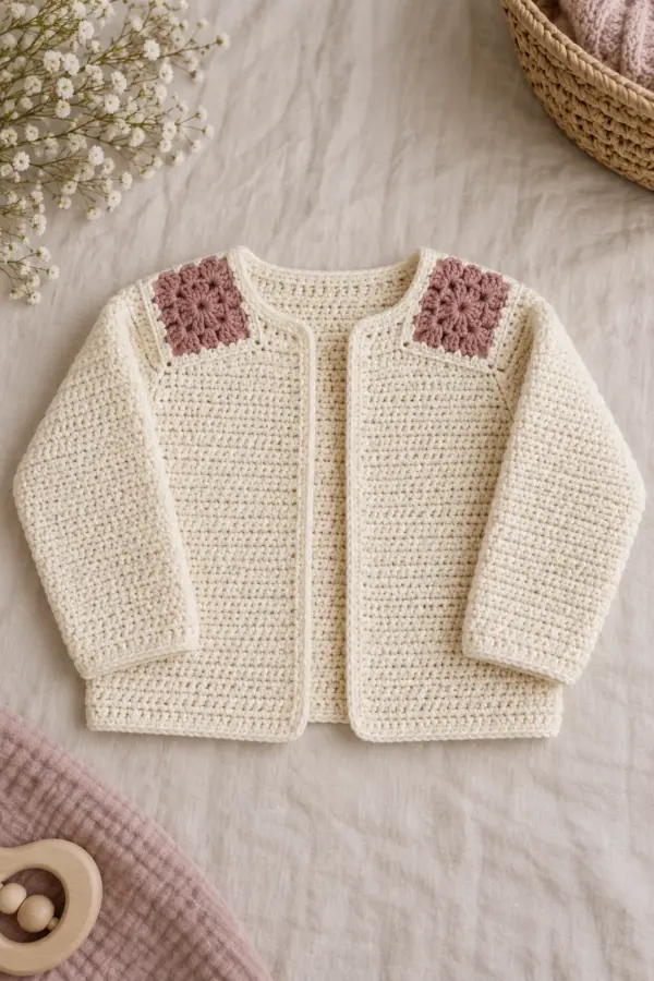Cream open-front long-sleeve crochet baby cardigan with a contained shallow yoke of muted rose solid granny square tiles edged in cream, four tiles across back and one over each front shoulder