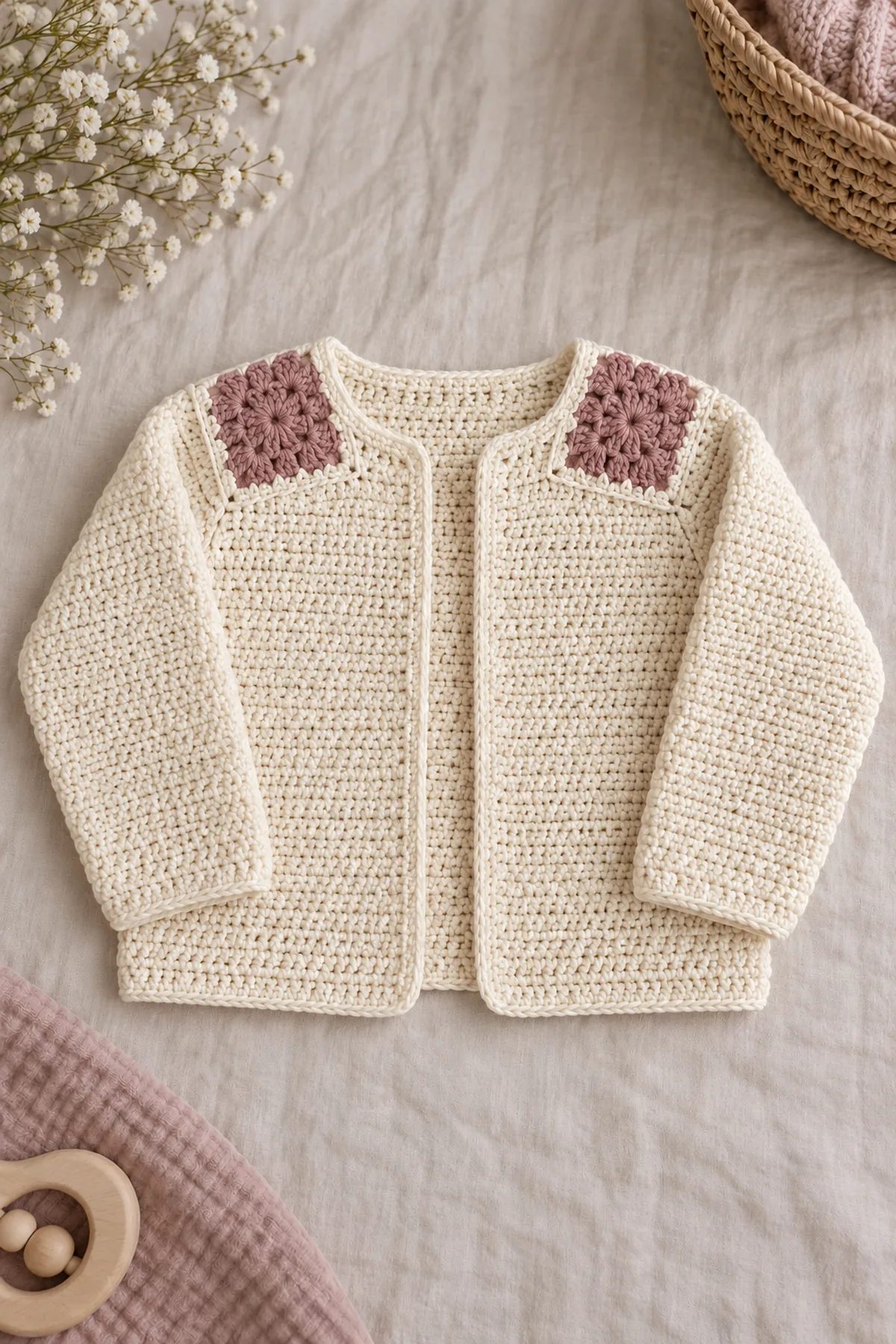 Finished cream and muted rose Granny-Tile Shoulder-Yoke baby cardigan styled flat on linen with shallow square-motif shoulders, plain long sleeves and open front, no child
