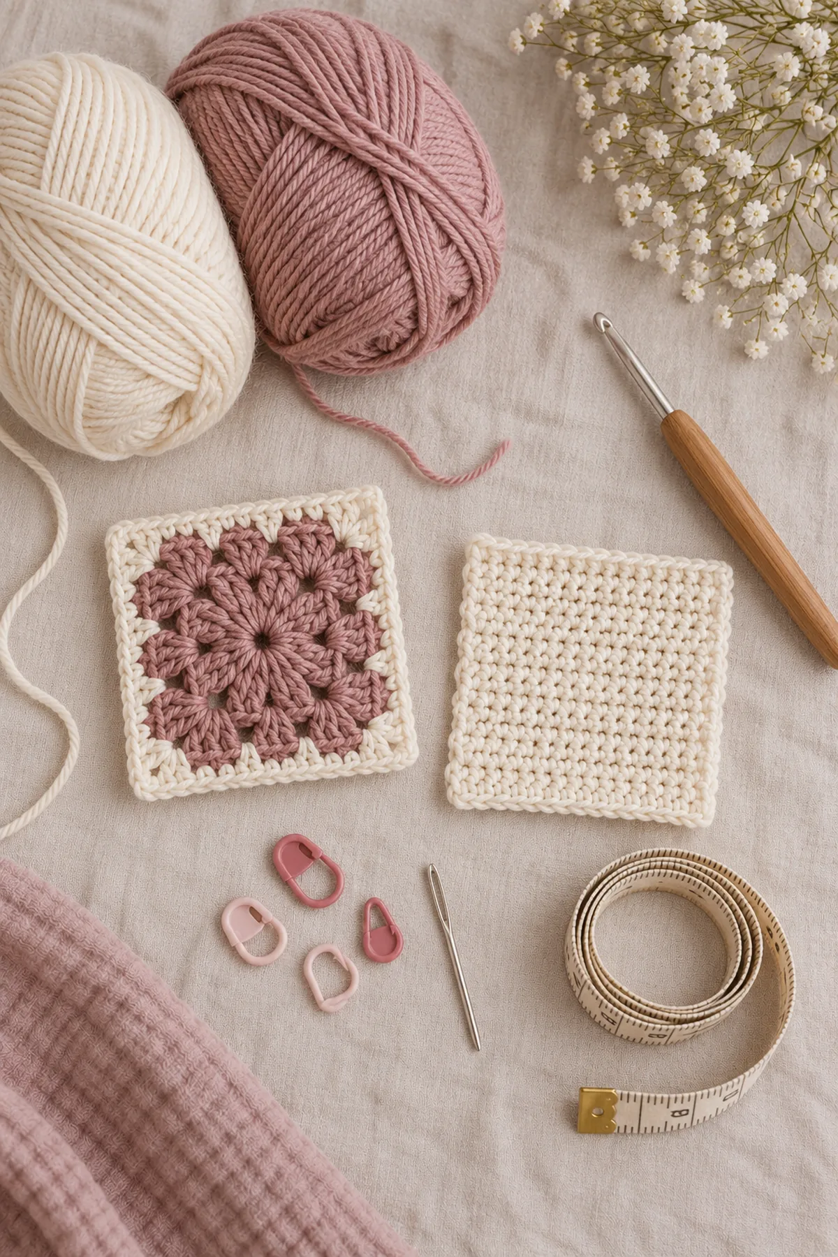 Cream and muted rose DK yarn, 4 mm hook, one small edged solid-granny tile swatch, plain sc swatch, markers, tape measure and yarn needle