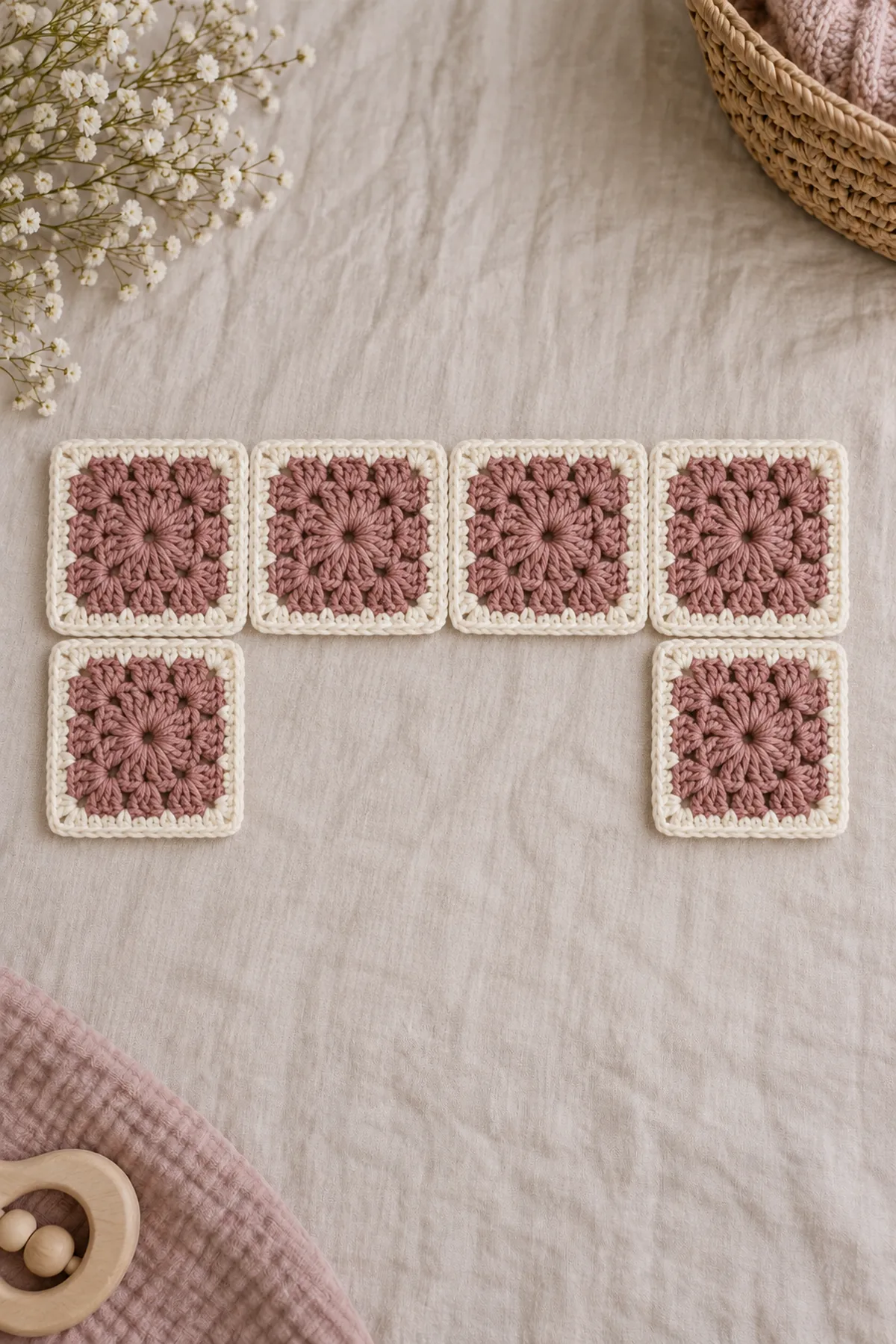 Six small muted rose solid granny crochet tiles with cream edges arranged as four back squares and two separate front shoulder squares, full edges ready to join