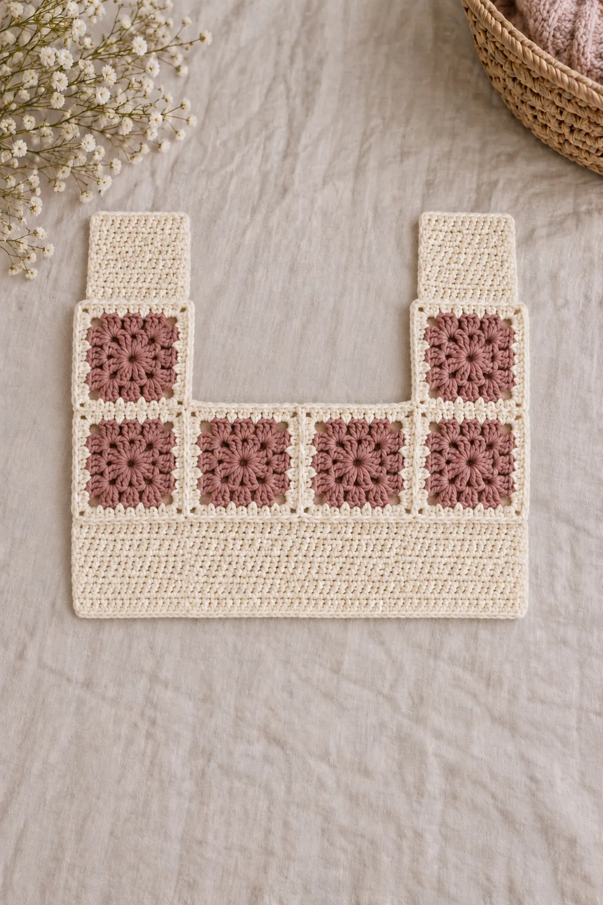 Joined rose tile shoulder yoke with cream back and two short front panels worked downward, inward front extensions and two underarm bridge chains visible, no completed sleeves yet