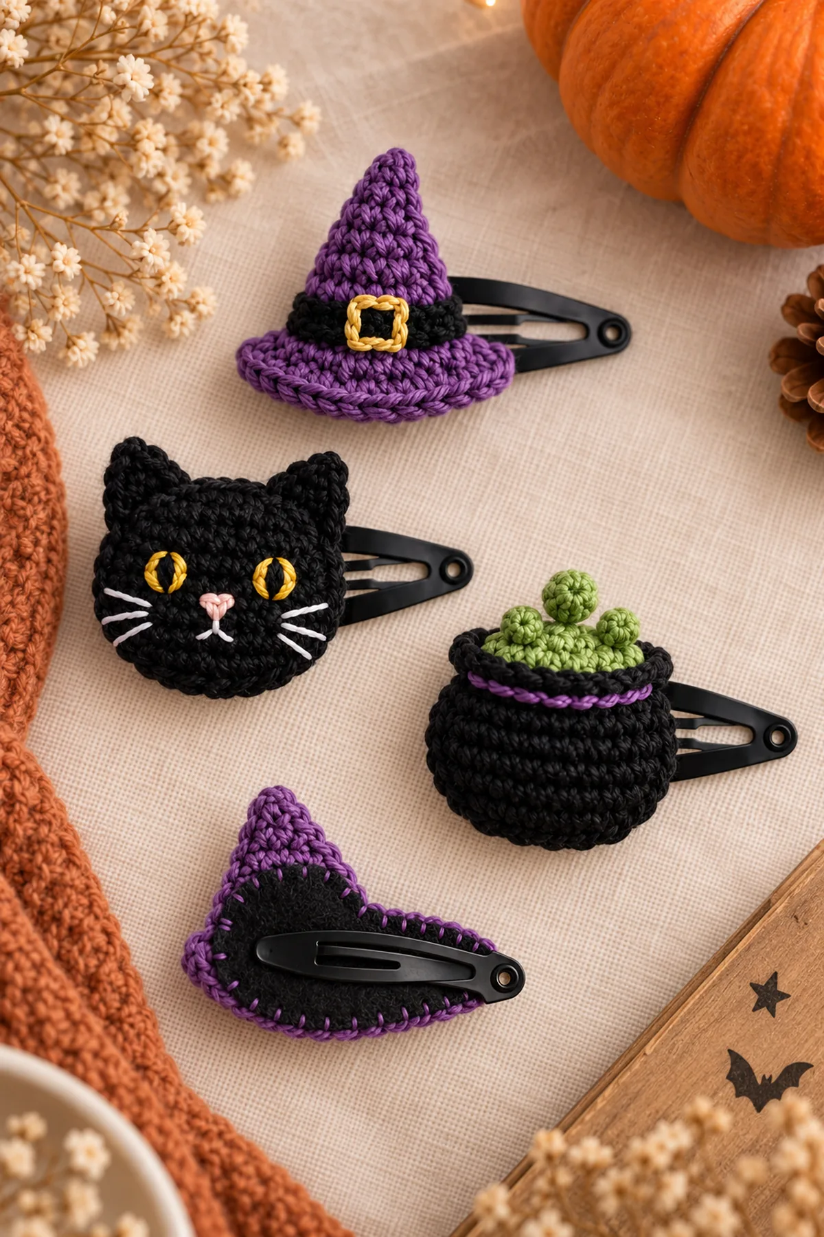 Close detail of purple witch hat, black cat and green-bubbling black cauldron crochet clips; all facial details are embroidery; show neat sewn felt backing of one separate clip.