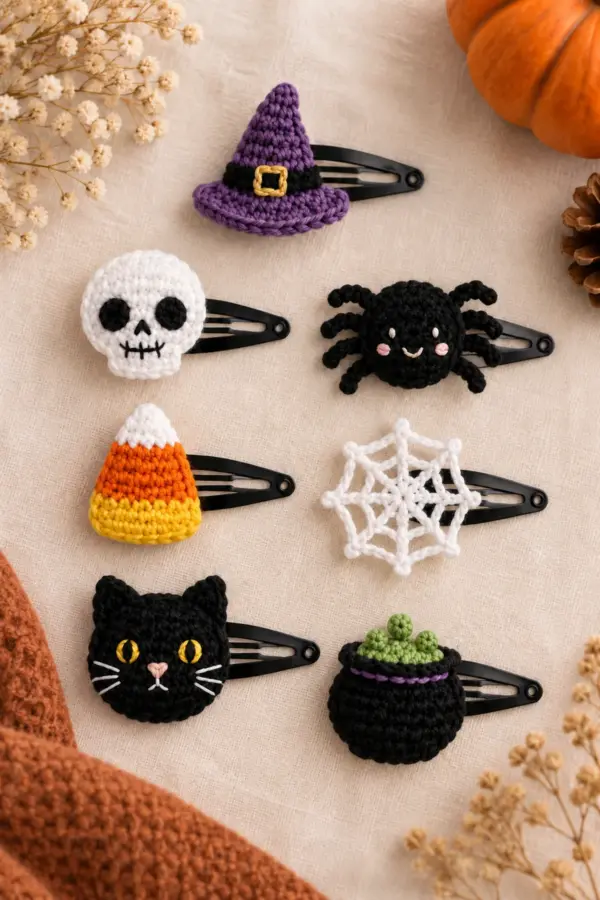 Seven flat Halloween crochet snap-clip motifs selected from the supplied ten-design reference: purple witch hat with black band and gold embroidered buckle, white skull, black eight-legged spider, yellow-orange-white candy corn, white eight-spoke spiderweb, black cat with gold embroidered eyes, and black cauldron with purple rim and green bubbles. No hard eyes. A companion to the existing ghost, pumpkin and bat tutorial. Finished items only. Original product photograph composition; no copied reference text or layout.