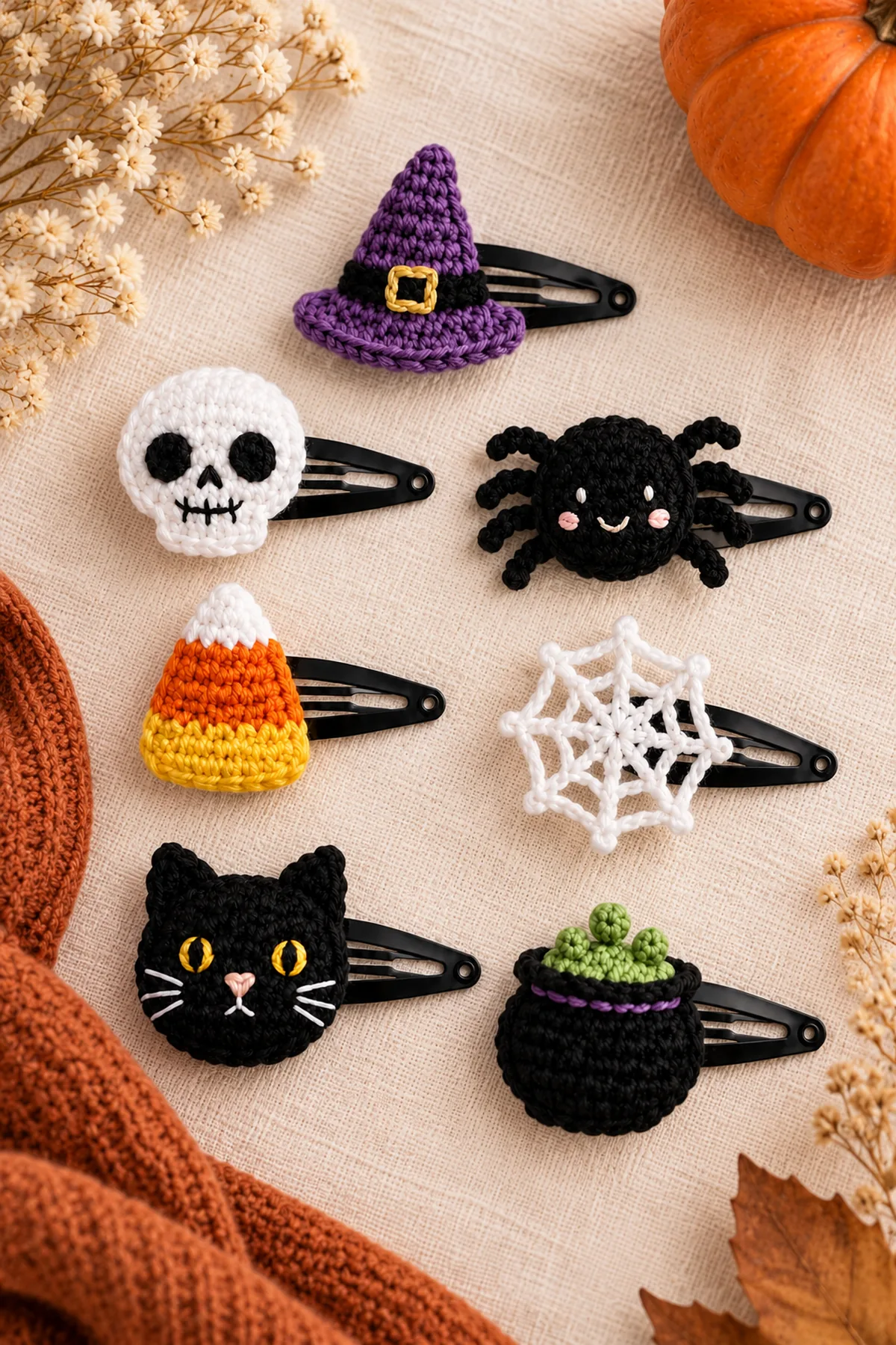 Seven flat Halloween crochet snap-clip motifs selected from the supplied ten-design reference: purple witch hat with black band and gold embroidered buckle, white skull, black eight-legged spider, yellow-orange-white candy corn, white eight-spoke spiderweb, black cat with gold embroidered eyes, and black cauldron with purple rim and green bubbles. No hard eyes. A companion to the existing ghost, pumpkin and bat tutorial. Finished set arranged on pale linen beside a small folded cotton cloth, soft daylight; no people and no text.