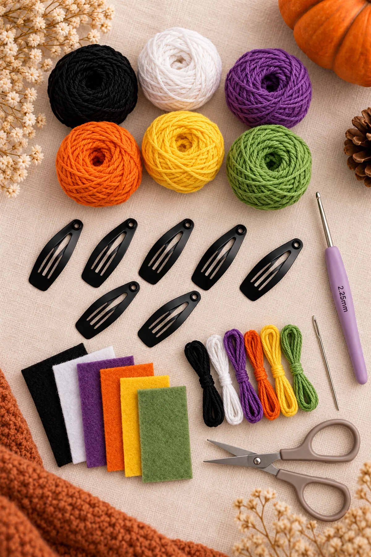 Supplies-only flat lay: Planning allowance: 20m black,10m white,5m purple and3m each yellow, orange and green sport cotton, plus swatch allowance; Small amounts of gold, pink, white and black embroidery thread;2.25mm hook; Seven5cm metal snap clips; color-matched felt; strong sewing thread and sewing needle; blunt yarn needle, scissors and markers. No completed or partial crochet project.
