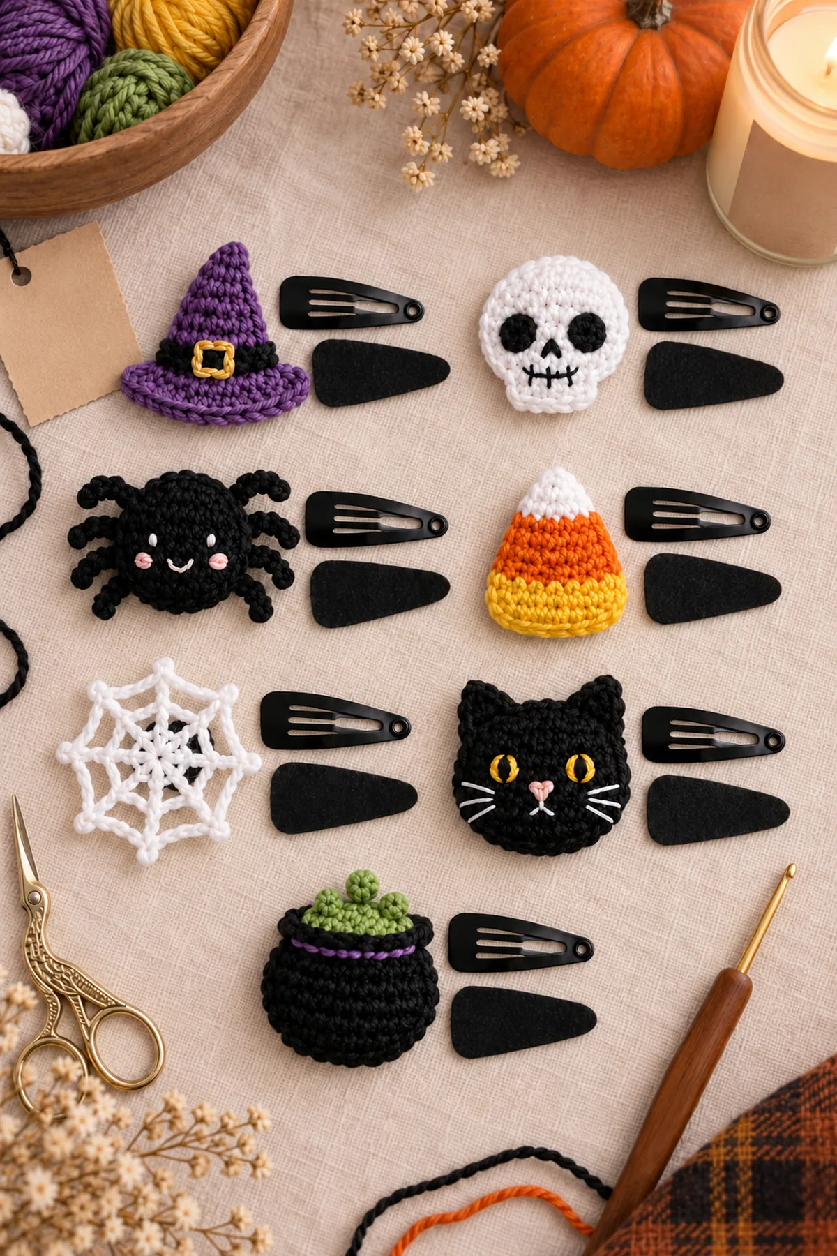 Exactly seven completed flat embroidered motifs laid separate from seven black snap clips and matched felt pieces: purple witch hat, white skull, black eight-legged spider, candy corn, white web, black cat and green-bubbling black cauldron; assembly not complete.