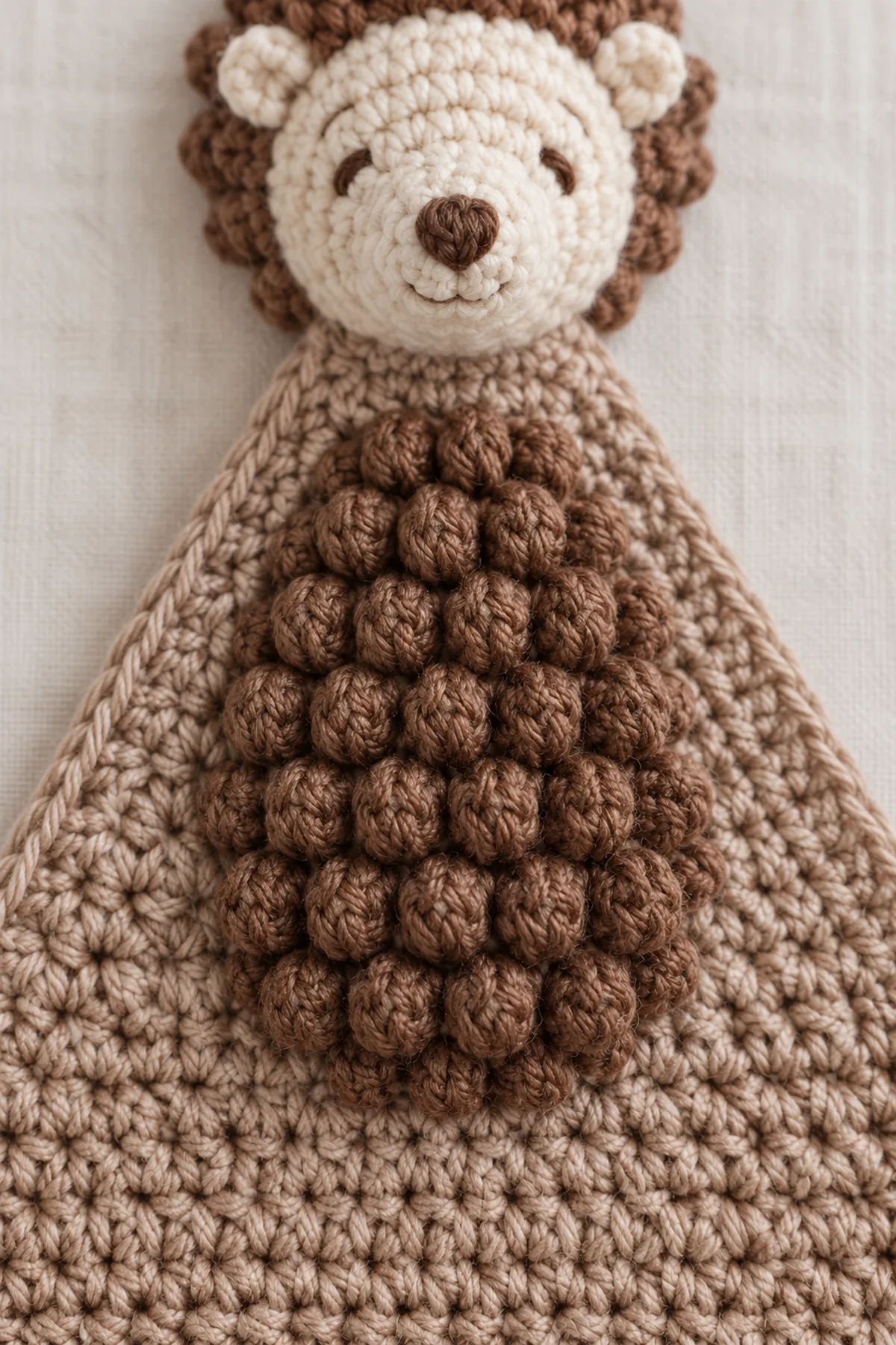 Macro view of small firmly closed chestnut puff stitches knitted into the upper third of a taupe crochet triangle, beside secure seam of shallow hedgehog head; no loops or detachable details.