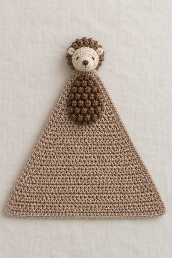 Original handmade crochet hedgehog lovey laid flat as a warm taupe point-up triangle, small shallow cream-and-chestnut embroidered hedgehog head firmly at top apex, compact closed brown puff-stitch spine patch on the upper third directly below the head, broad unfringed base; no plastic eyes or loose loops.