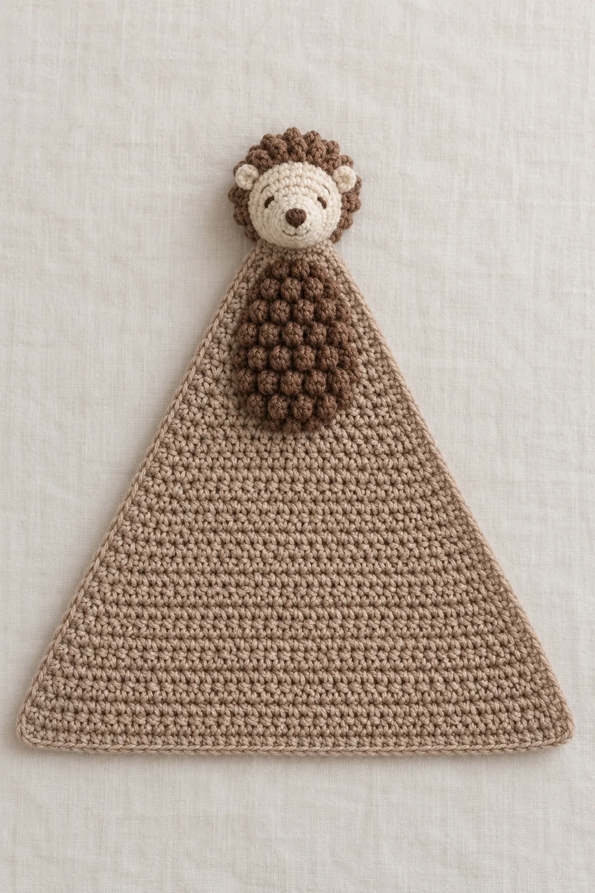 Original handmade crochet hedgehog lovey laid flat as a warm taupe point-up triangle, small shallow cream-and-chestnut embroidered hedgehog head firmly at top apex, compact closed brown puff-stitch spine patch on the upper third directly below the head, broad unfringed base; no plastic eyes or loose loops.