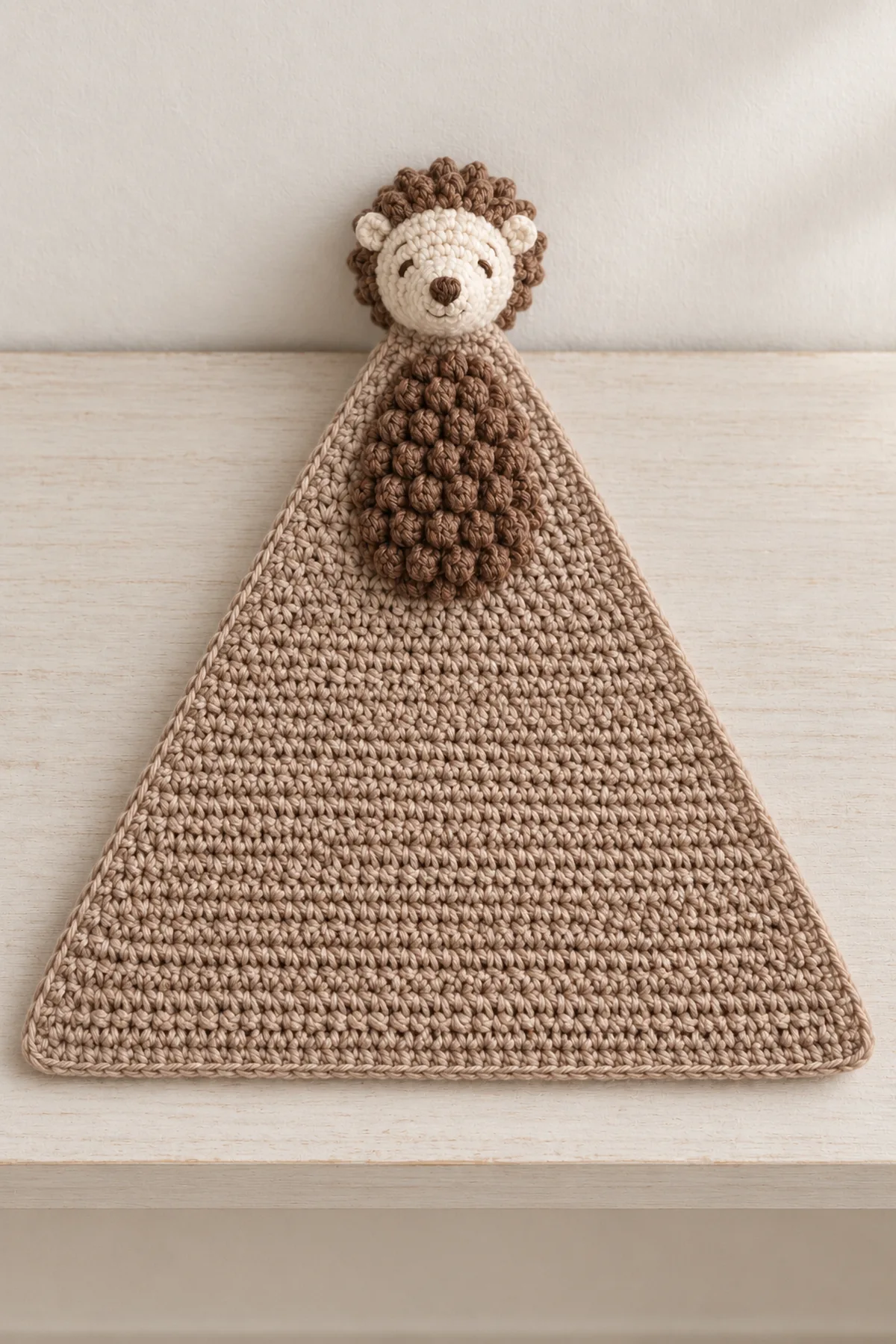 Same taupe triangular hedgehog crochet lovey displayed flat on a neutral shelf, small shallow embroidered head at point and localized chestnut spine texture clearly visible, no baby or crib.