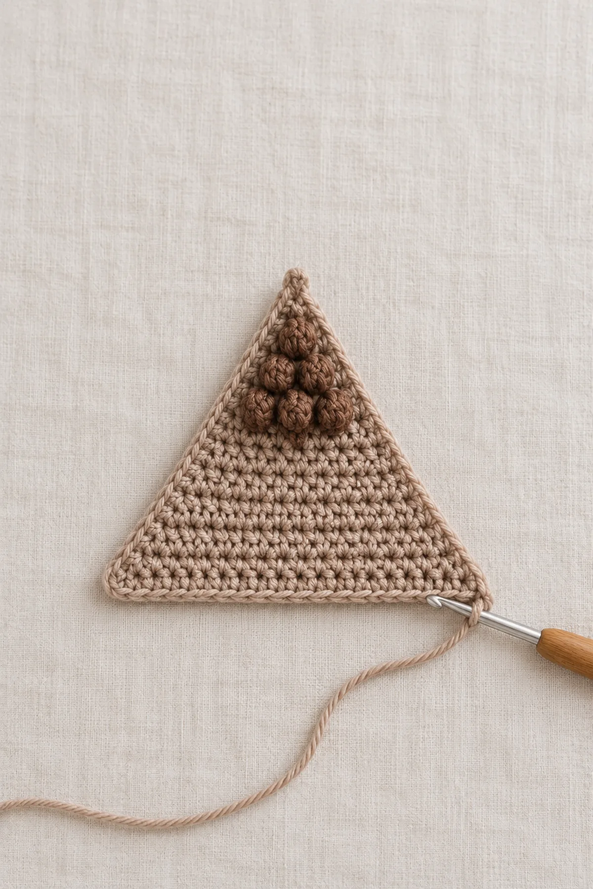 Point-to-base warm taupe linen-stitch crochet triangle partway worked, about ten growing rows with integral closed chestnut puffs near its narrow tip; hook attached, no head or fringe.