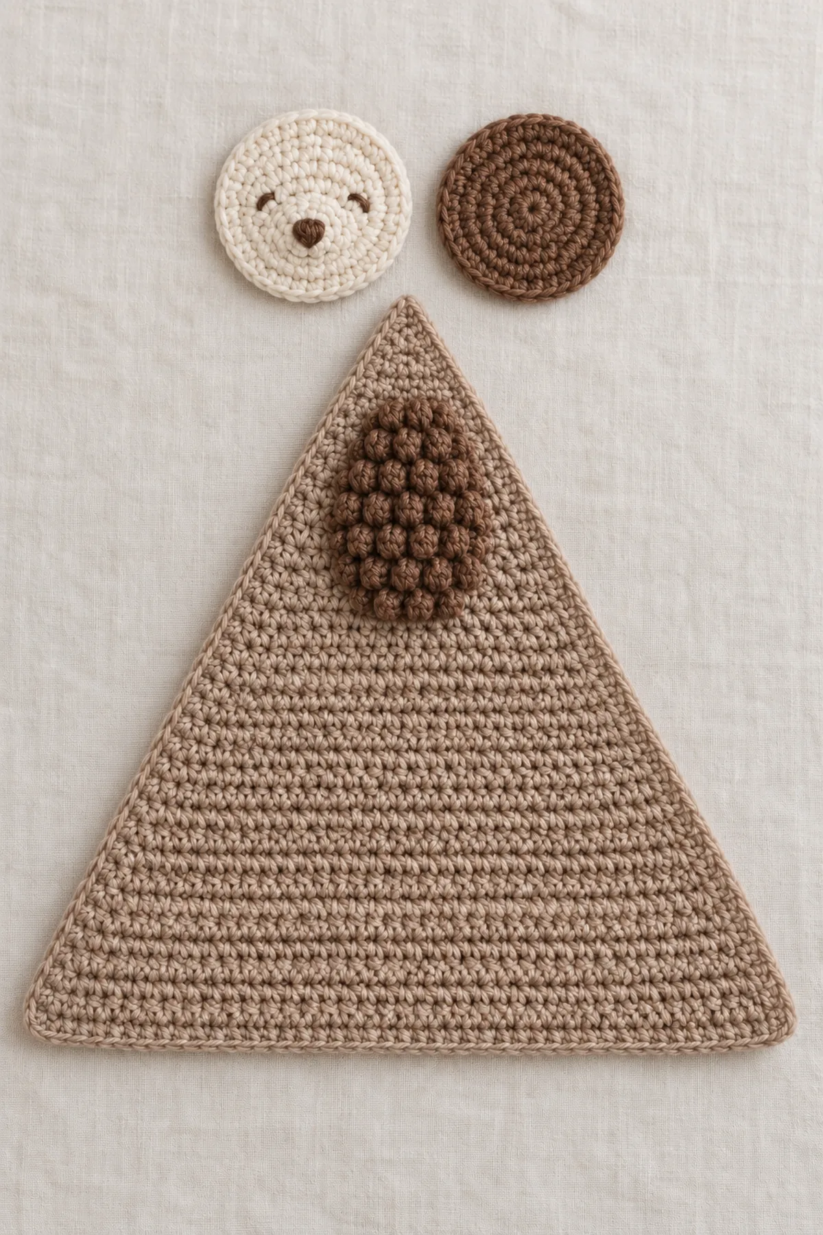 Complete flat taupe triangular crochet cloth with localized chestnut puff spine patch and two separate shallow circular cream and chestnut head discs beside the tip before sewing, embroidered face visible.