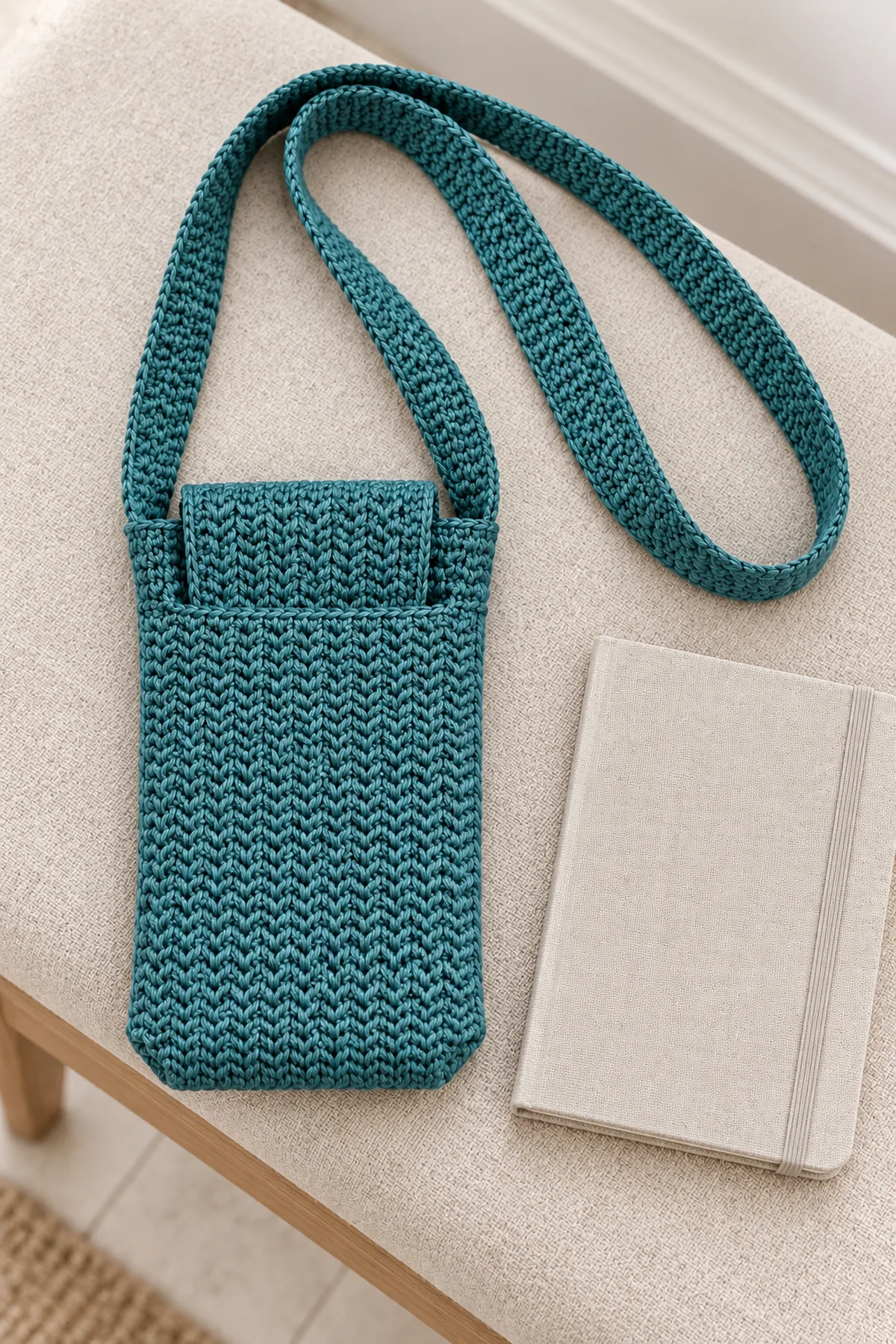 Same teal herringbone phone sling with subtly boxed corners, simple integral tuck flap and long wide flat teal strap arranged on pale entryway bench beside a closed notebook. Entire pouch and looped strap visible, no person, no extra ornaments