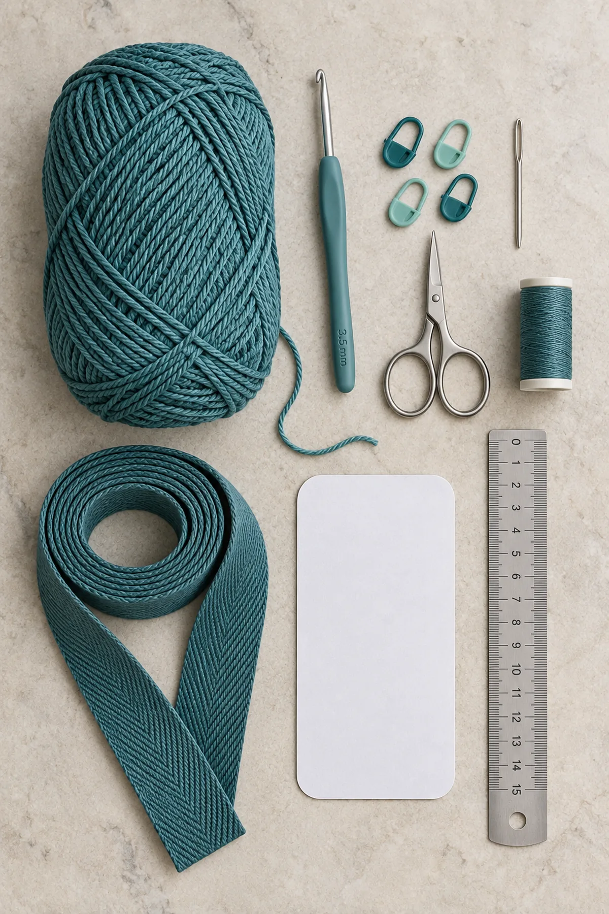Teal DK cotton, 3.5 mm hook, markers, needle, scissors, ruler, matching sewing thread, flat 1.5-inch-wide cotton twill tape and phone-sized paper template on pale stone table; no finished bag