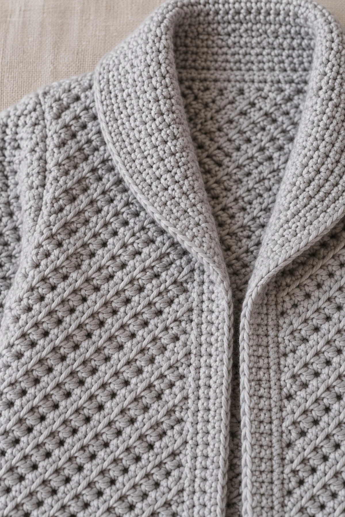 Macro of directional pearl-gray herringbone fabric meeting a smooth sc shawl-collar fold, no bobbles or loose loops