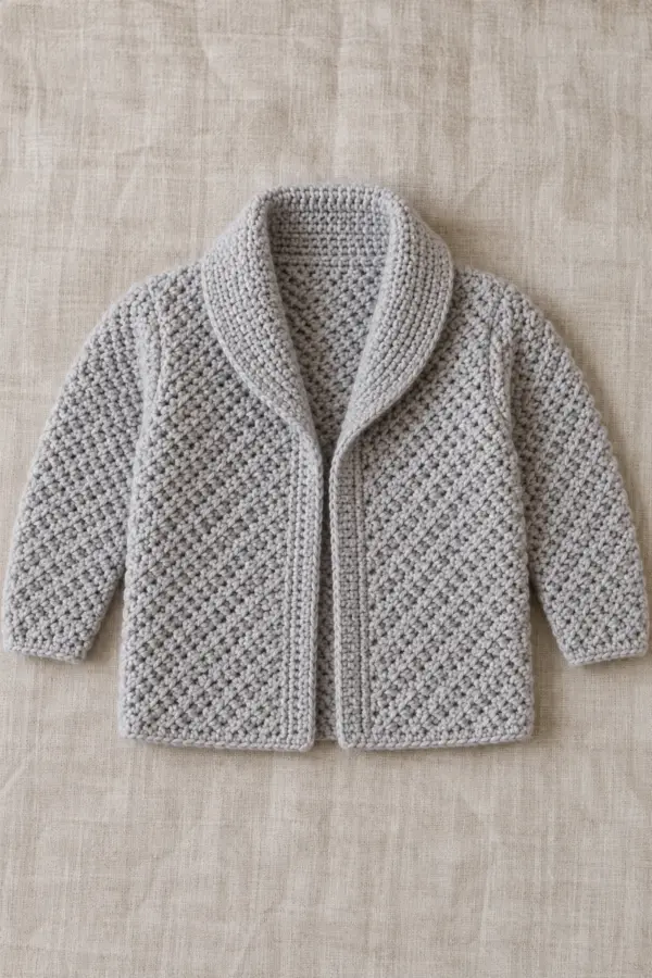 Pearl-gray herringbone crochet baby cardigan with continuous softly folded shawl collar, long set-in sleeves, open front and straight hem on linen