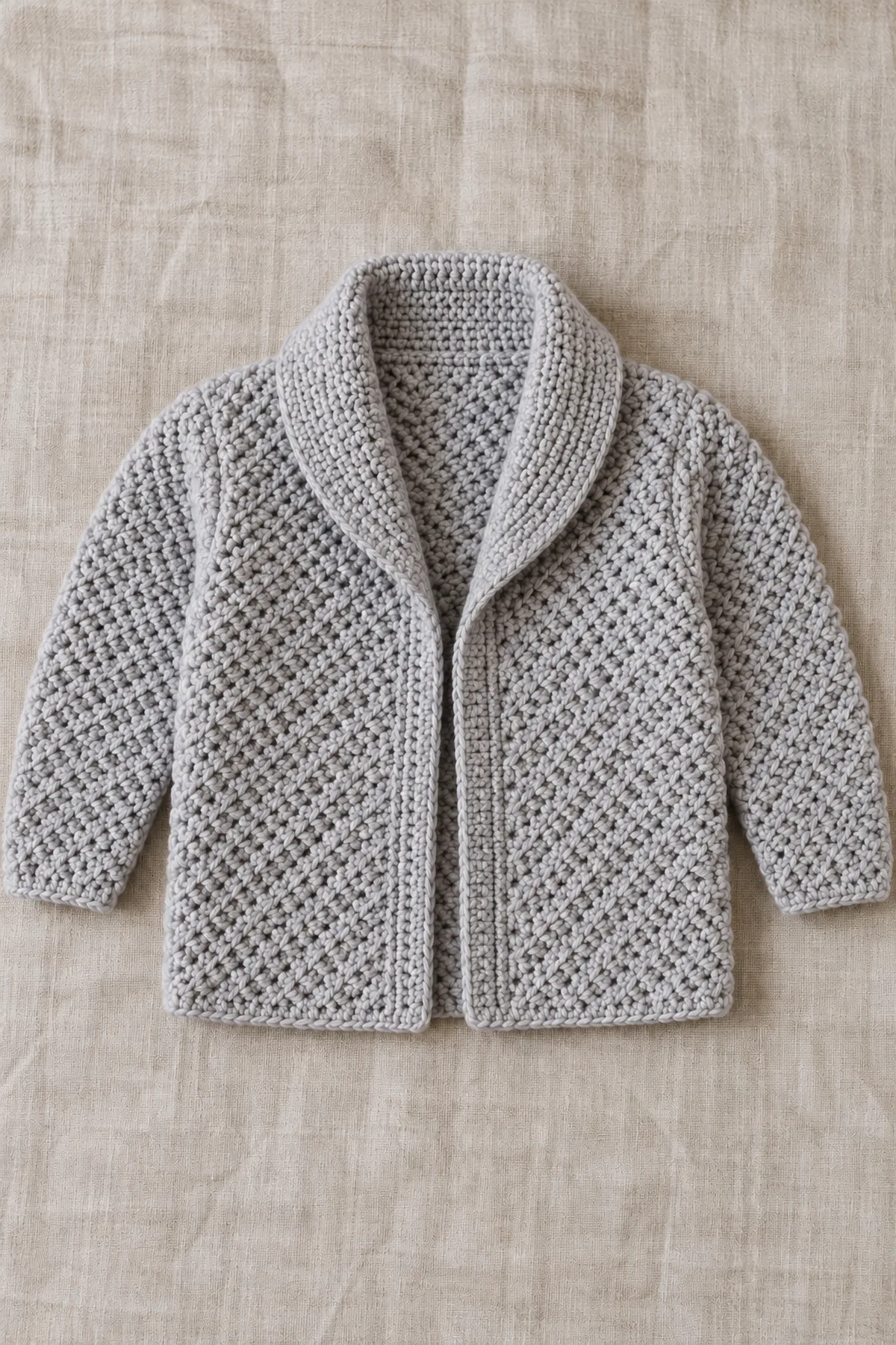Finished pearl-gray herringbone shawl-collar baby cardigan arranged flat with open front and long sleeves, no child